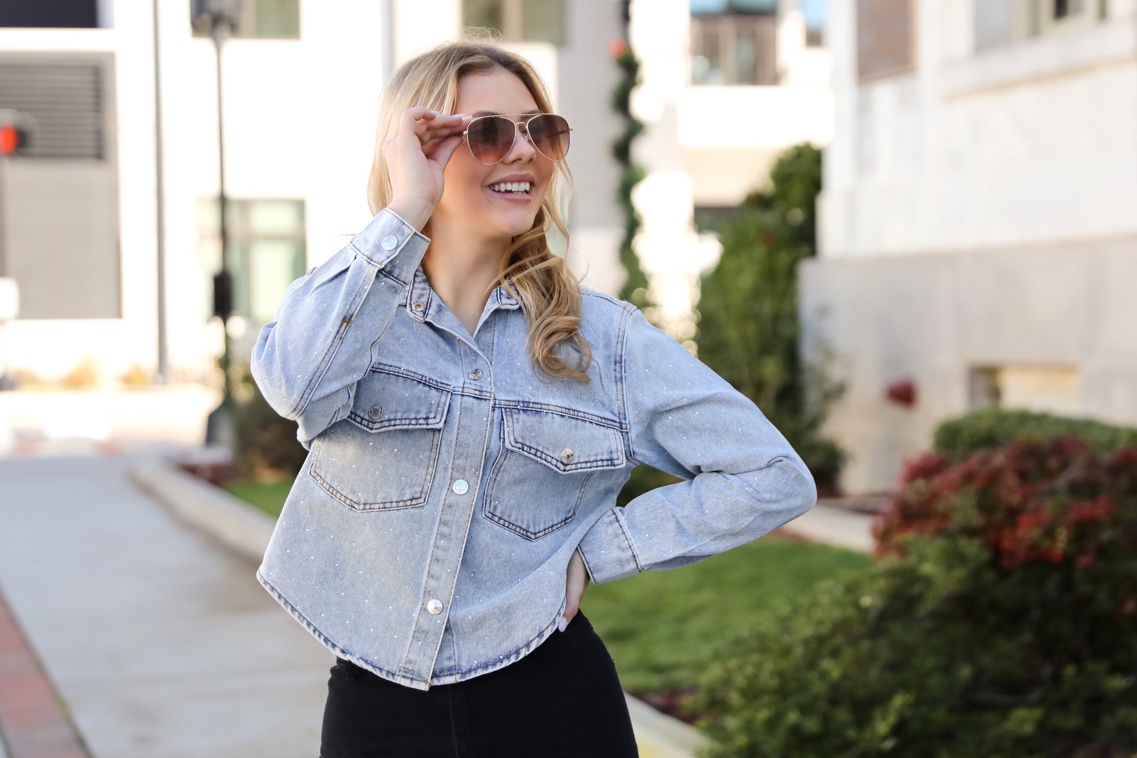 model wearing cute jean jacket