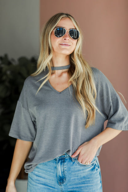 Grey Ribbed Cutout Tee