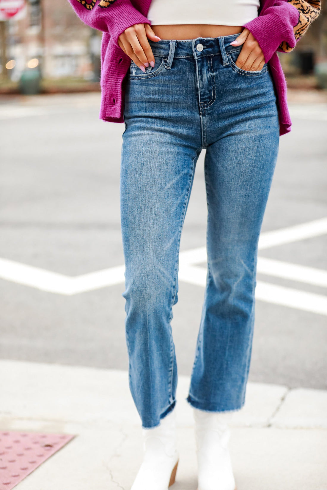 Medium Wash Flare Jeans close up