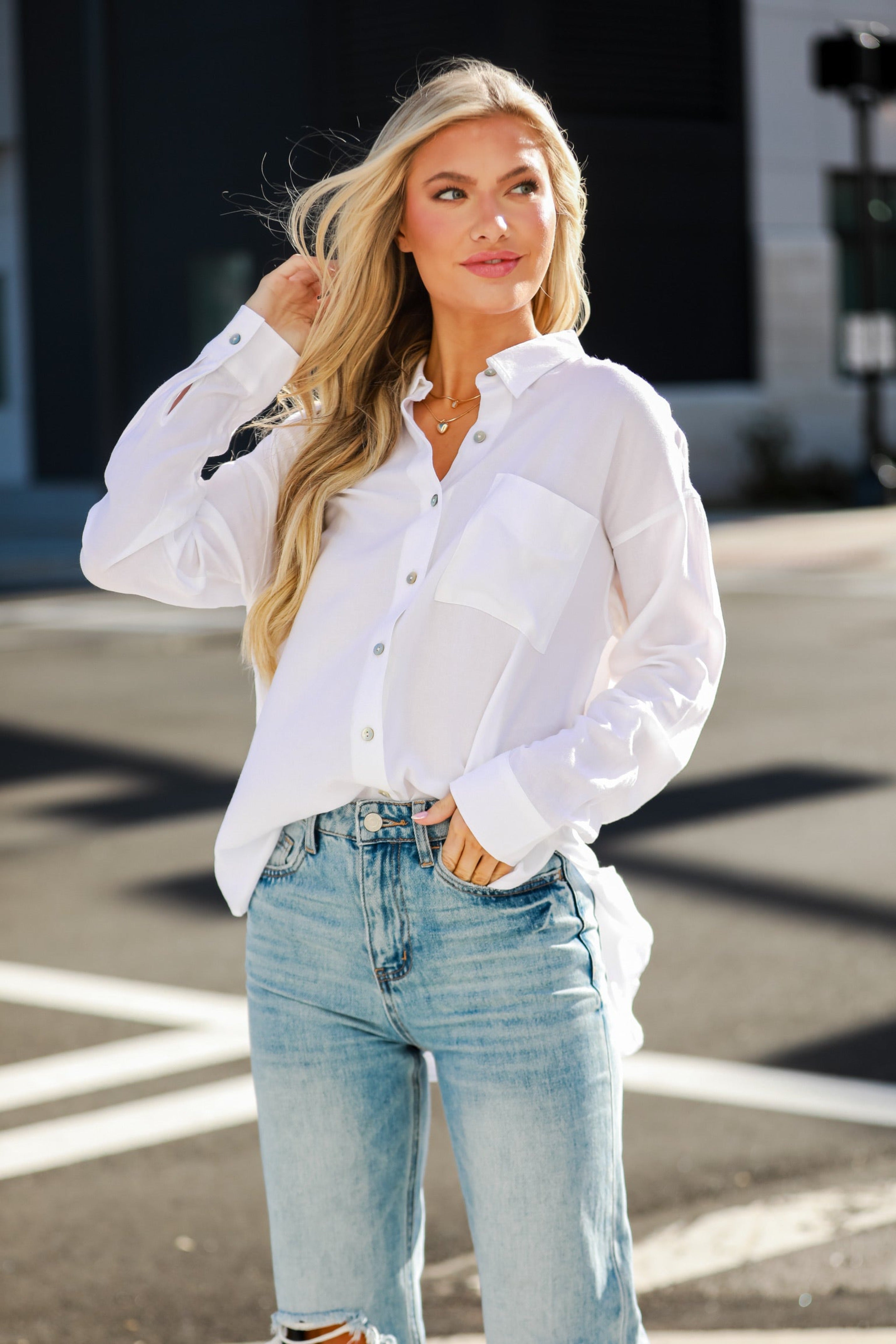 basic white Linen Button-Up Blouse