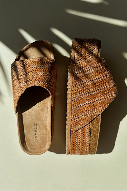 Warm Breeze Cognac Straw Platform Slide Sandals