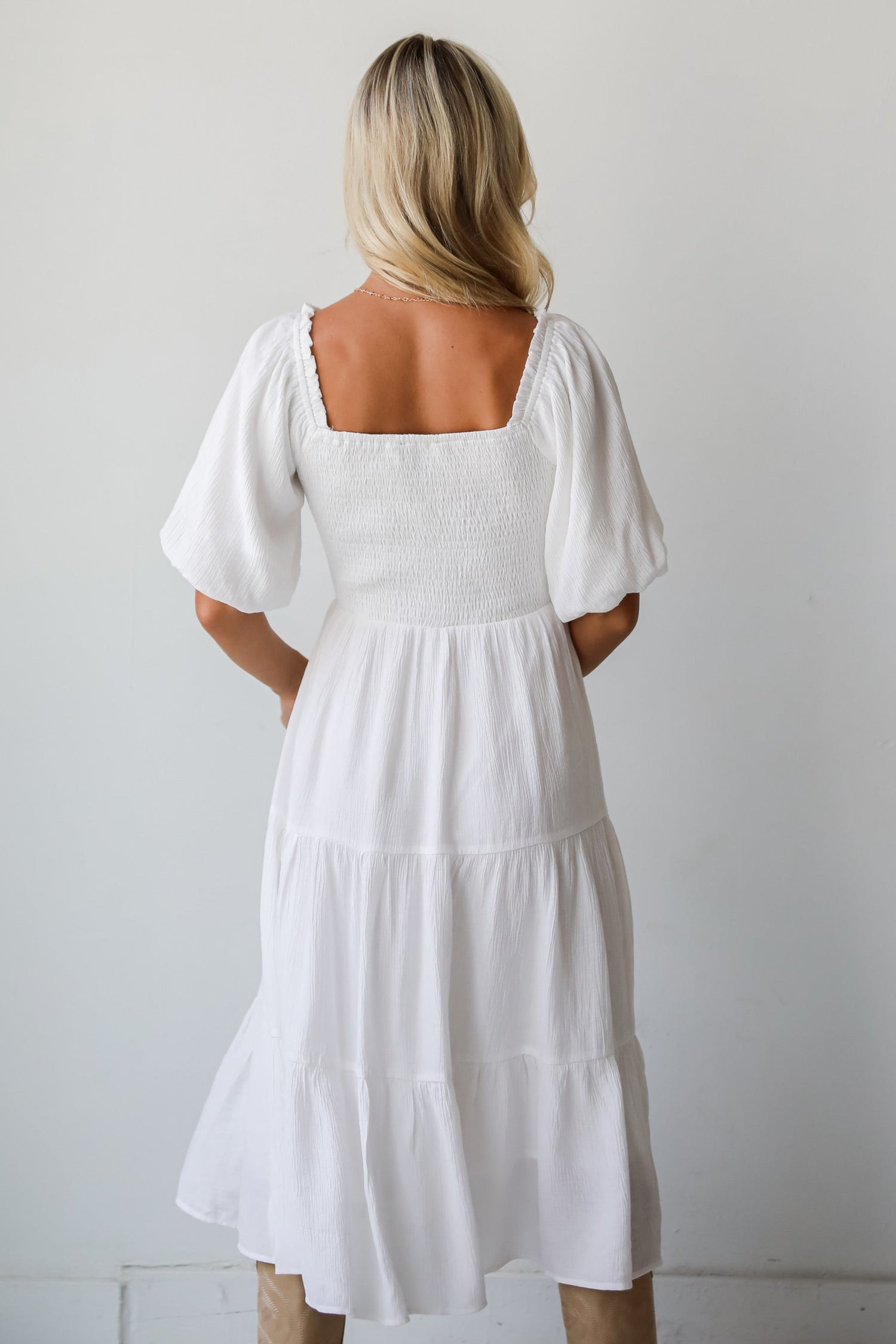 Bubbly Beauty White Tiered Midi Dress