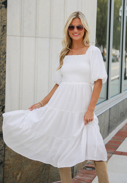 Bubbly Beauty White Tiered Midi Dress