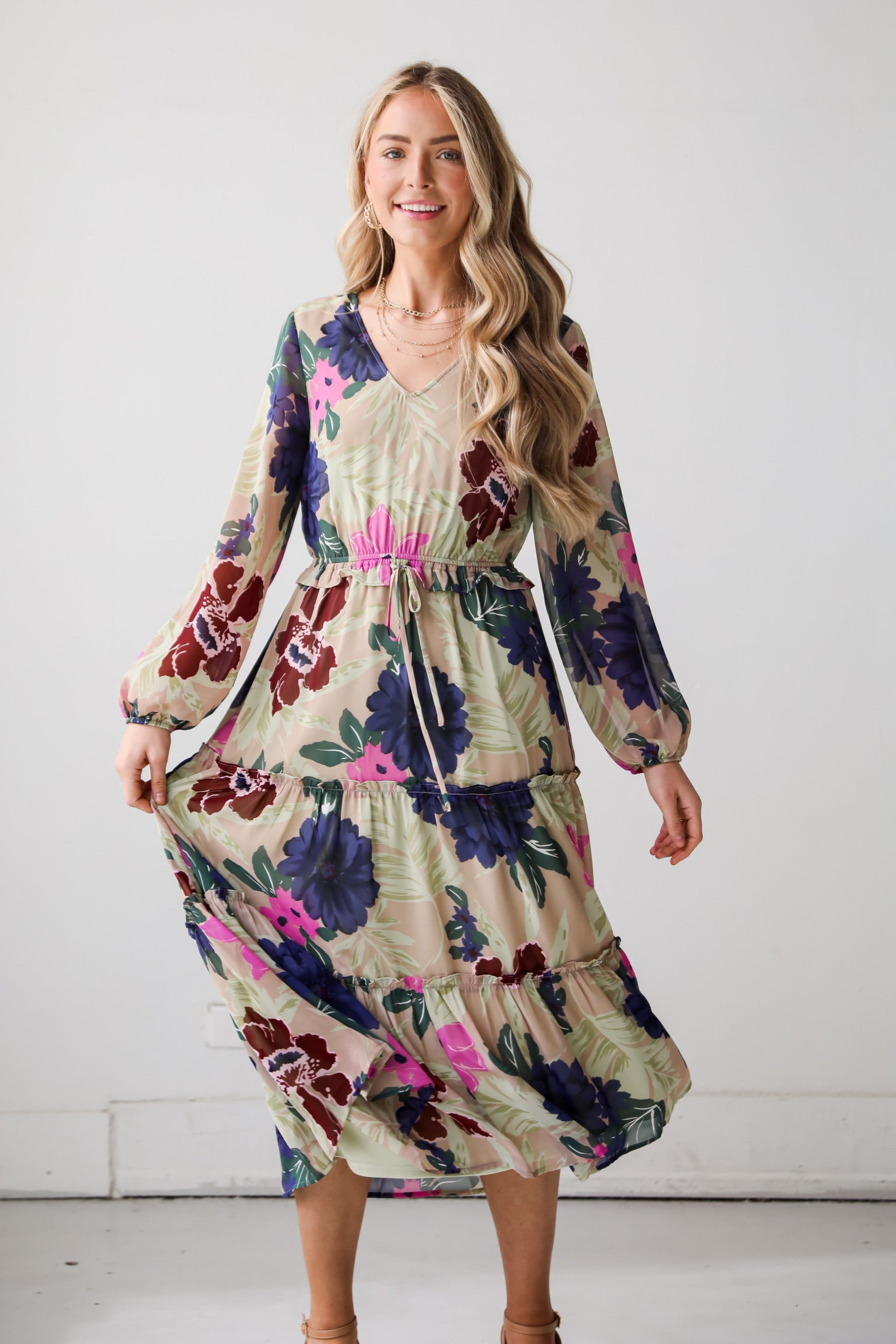 long taupe Floral Midi Dress