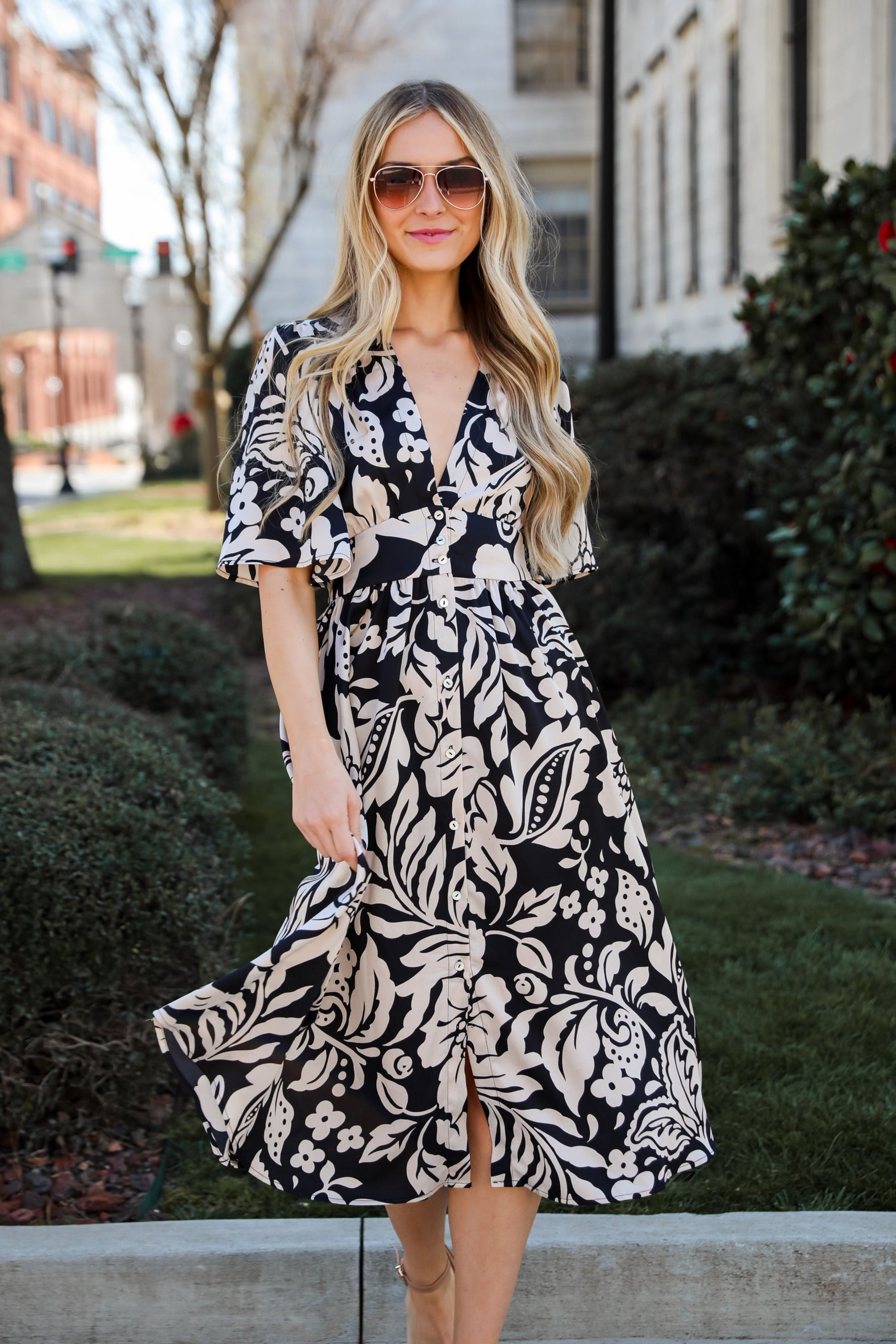 Black Floral Midi Dress