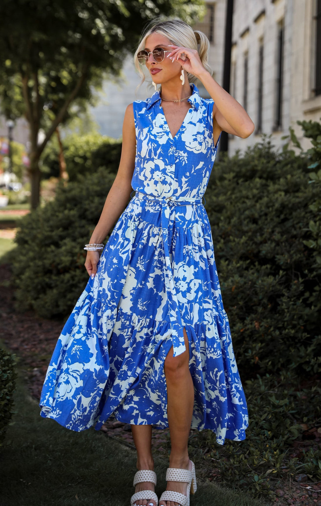 Charming Pose Royal Blue Floral Linen Maxi Dress