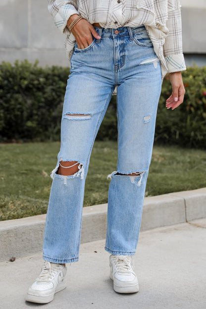 Eliza Medium Wash High-Rise Straight Leg Distressed Jeans