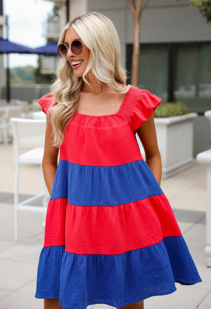 Dandy Darling Linen Tiered Color Block Mini Dress