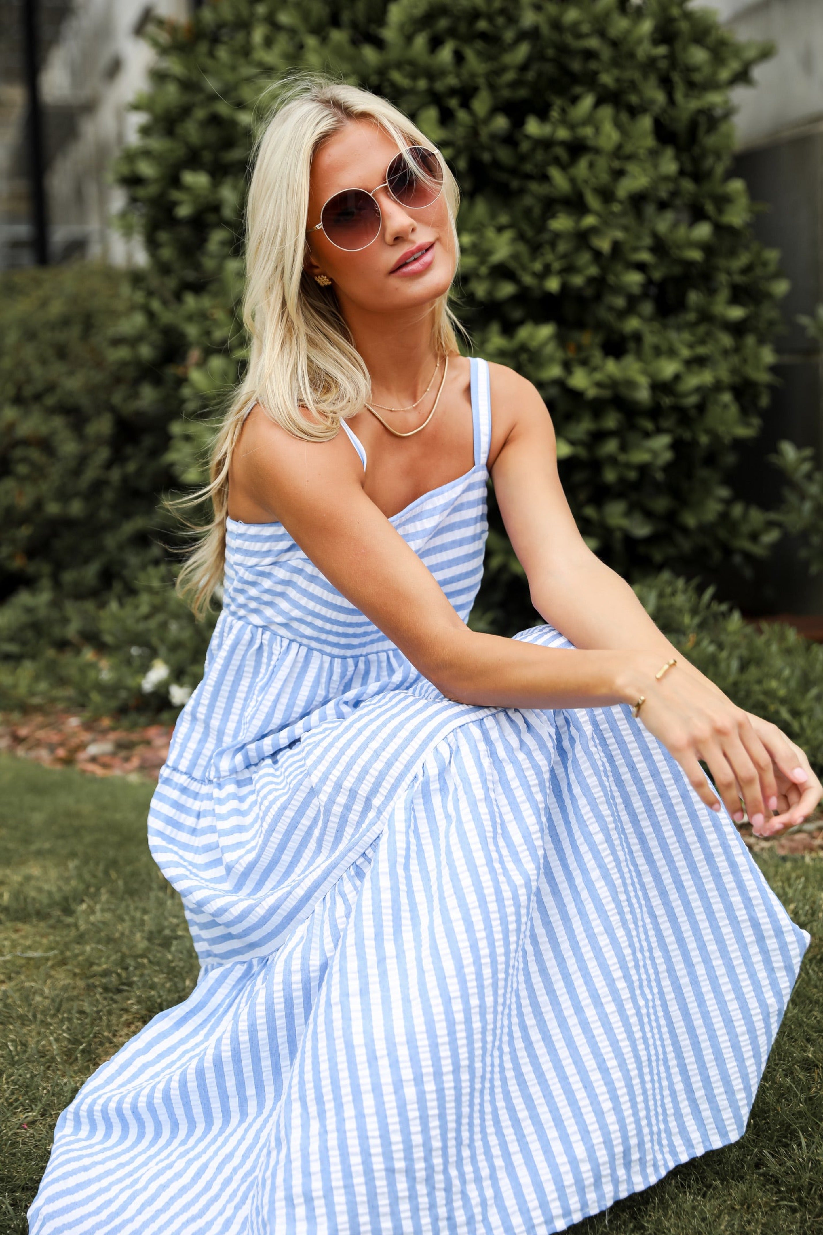 Sunny Aspirations Blue Striped Tiered Maxi Dress