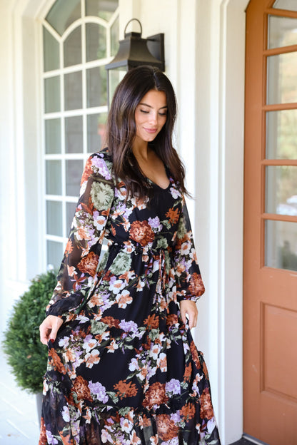 Prepared To Impress Black Floral Midi Dress