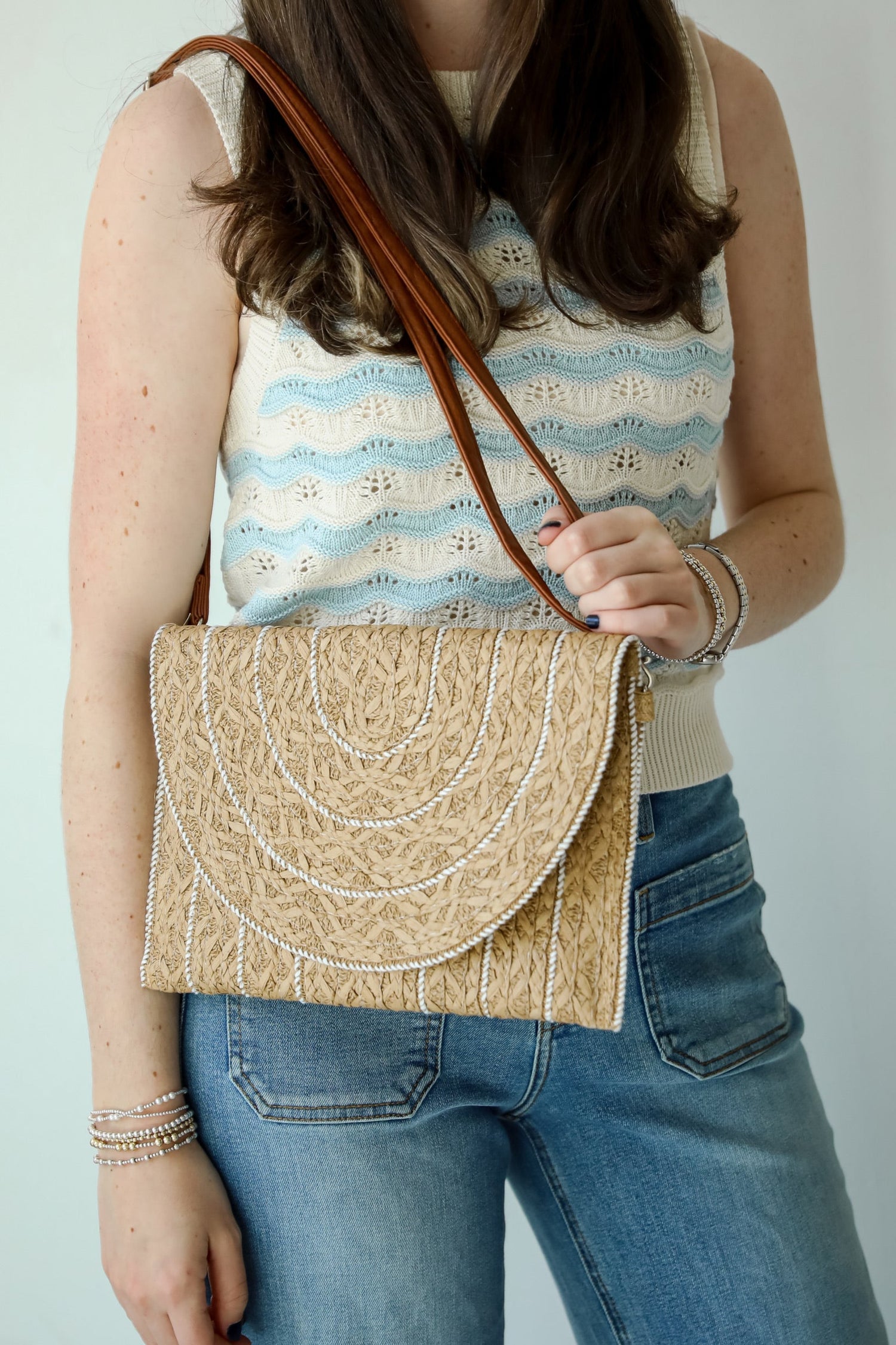 World Traveler Taupe Straw Clutch