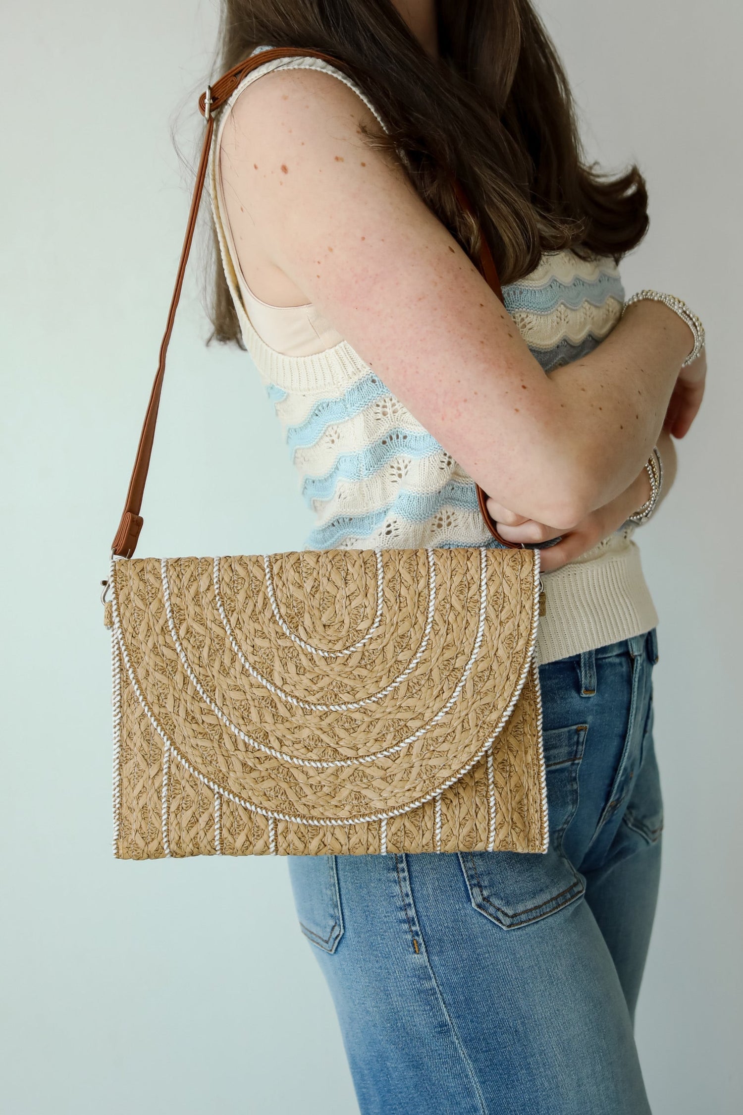 World Traveler Taupe Straw Clutch