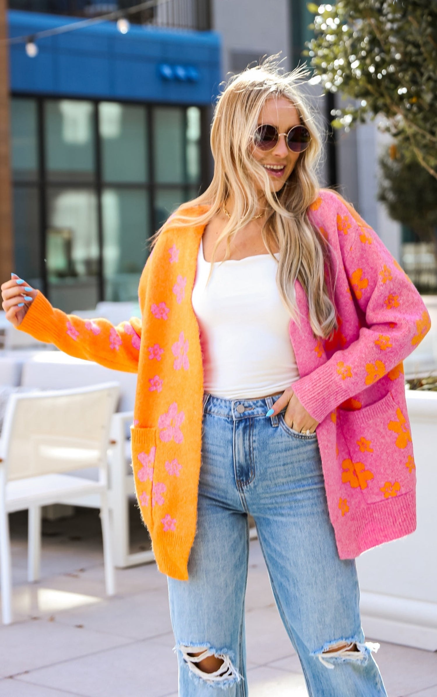 cute Pink Floral Color Block Cardigan