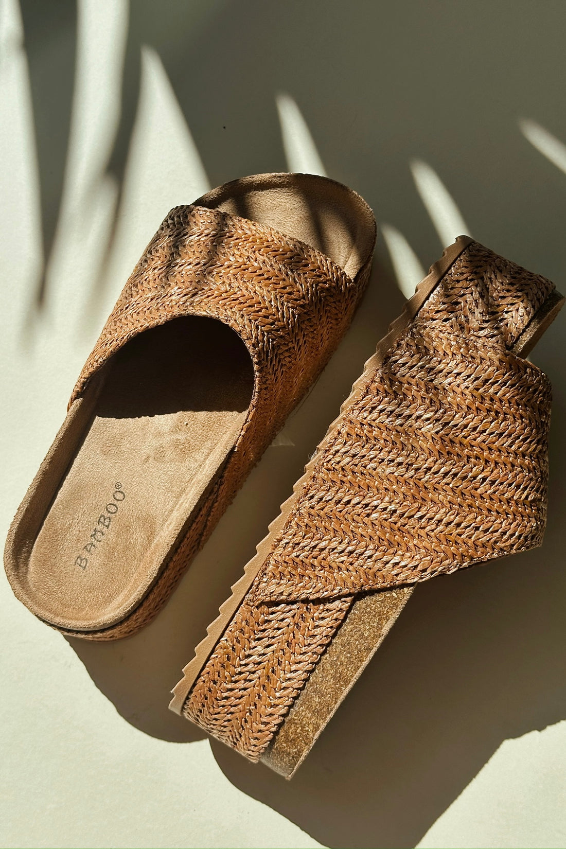 Warm Breeze Cognac Straw Platform Slide Sandals