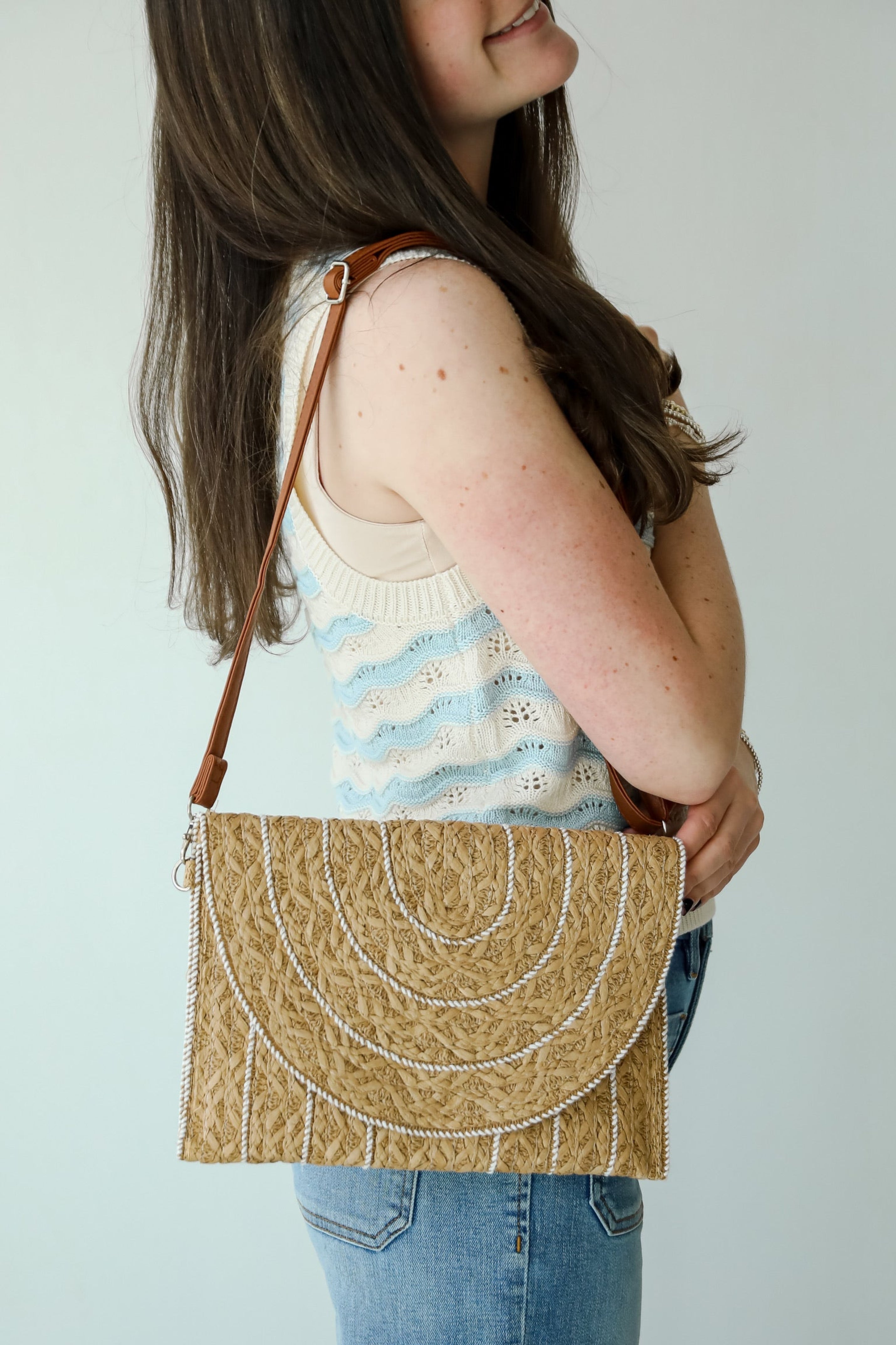 World Traveler Taupe Straw Clutch