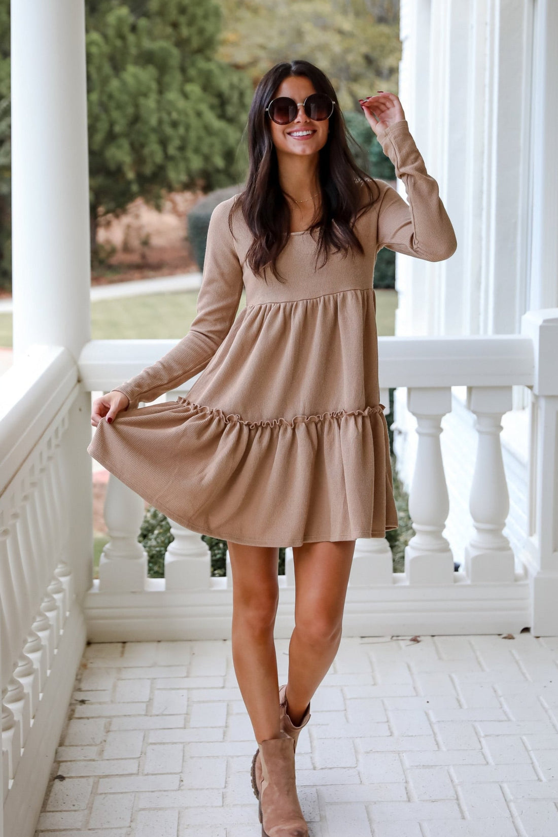 Adorable Promise Taupe Knit Babydoll Mini Dress