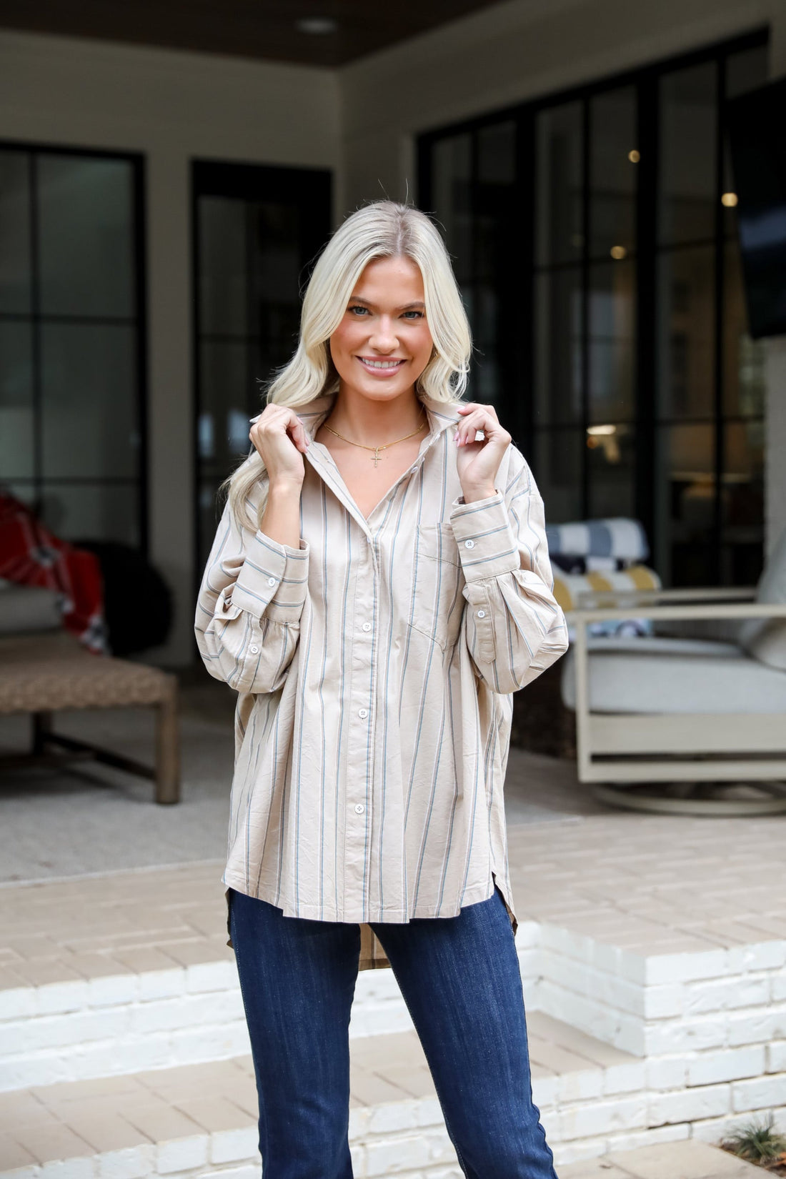 Convincingly Chic Taupe Striped Button-Up Blouse