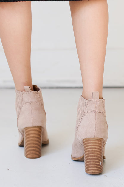 taupe suede Booties back view