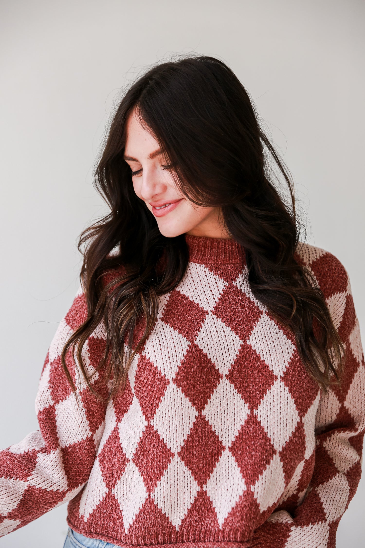 Brown Argyle Chenille Sweater front view