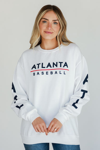 White Atlanta Baseball Sweatshirt on model