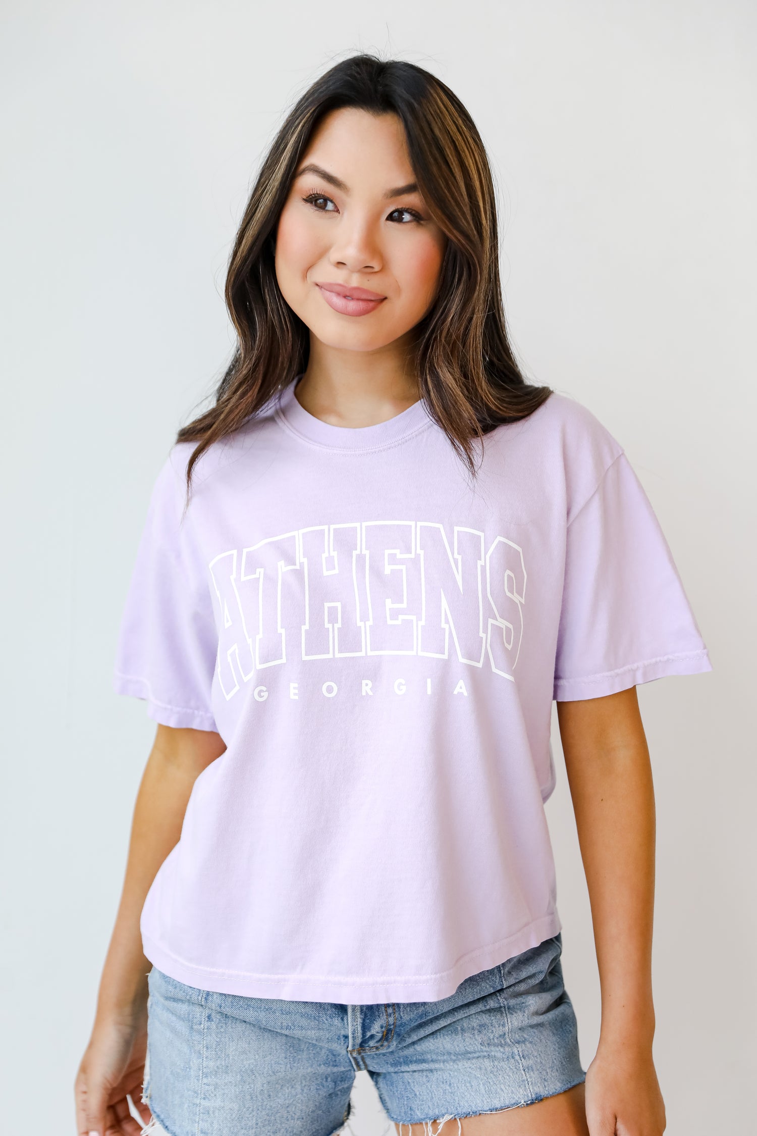 Lavender Athens Georgia Cropped Tee on model