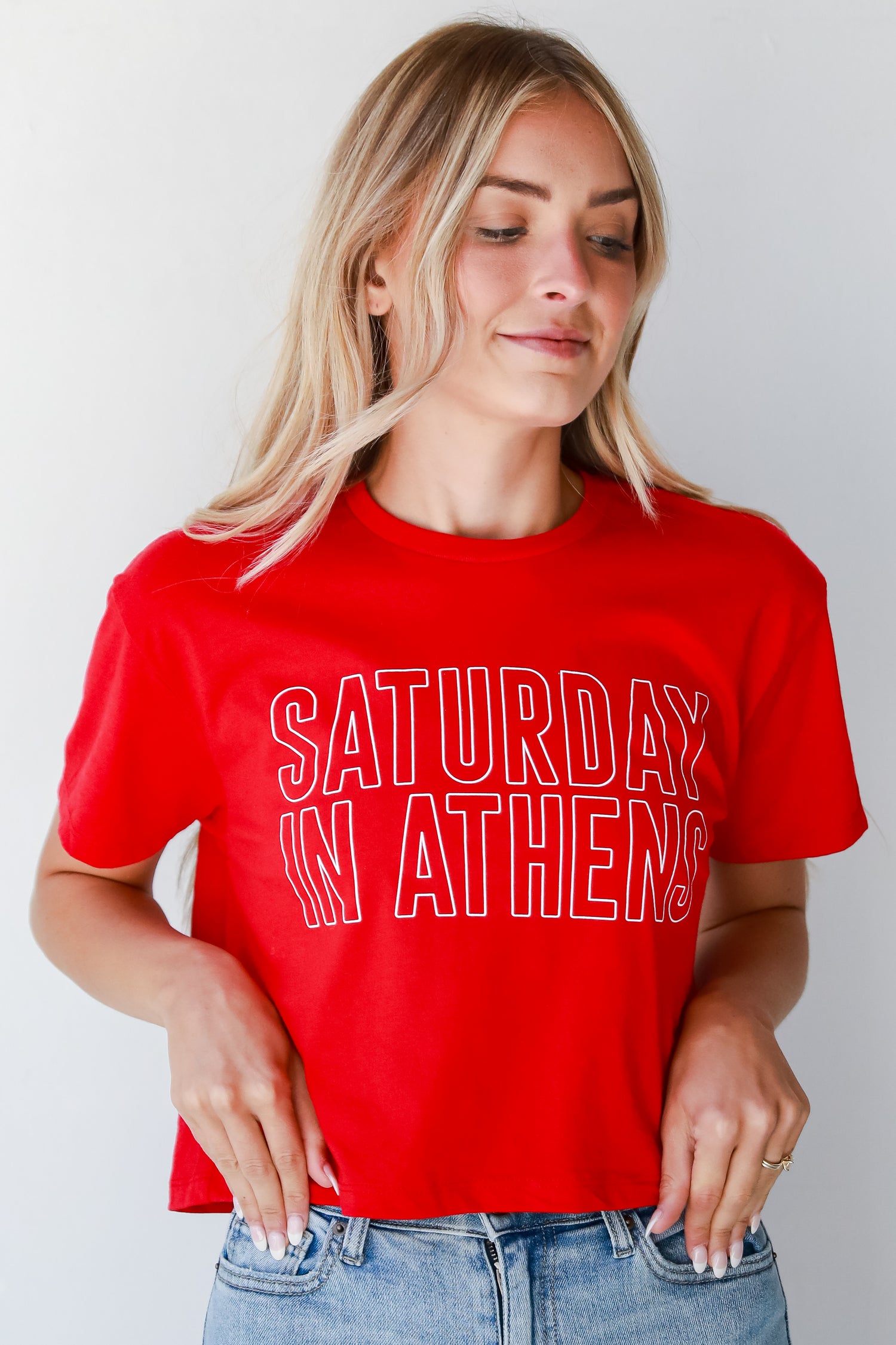 Red Saturday In Athens Cropped Tee front view