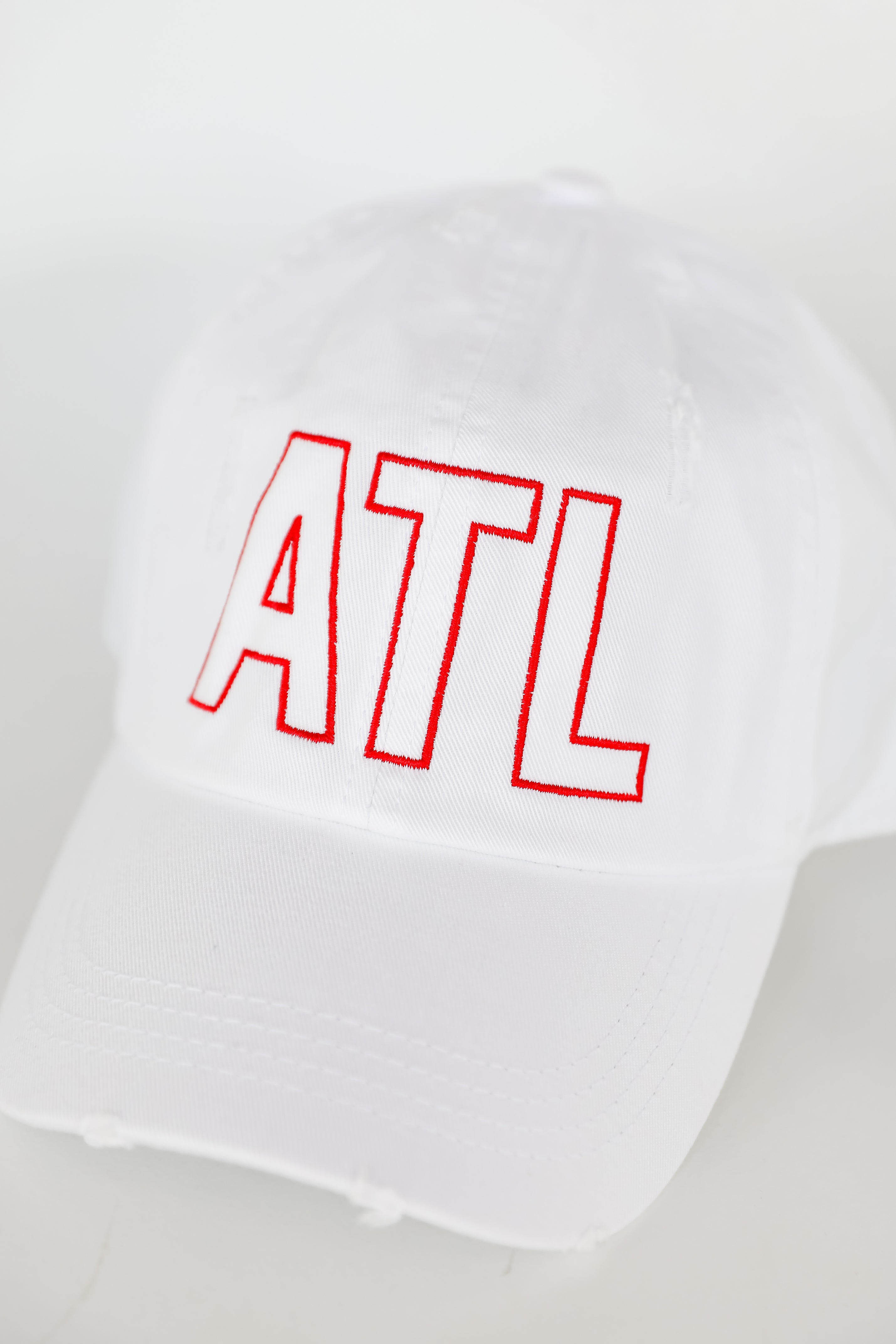 white ATL Distressed Embroidered Hat front view