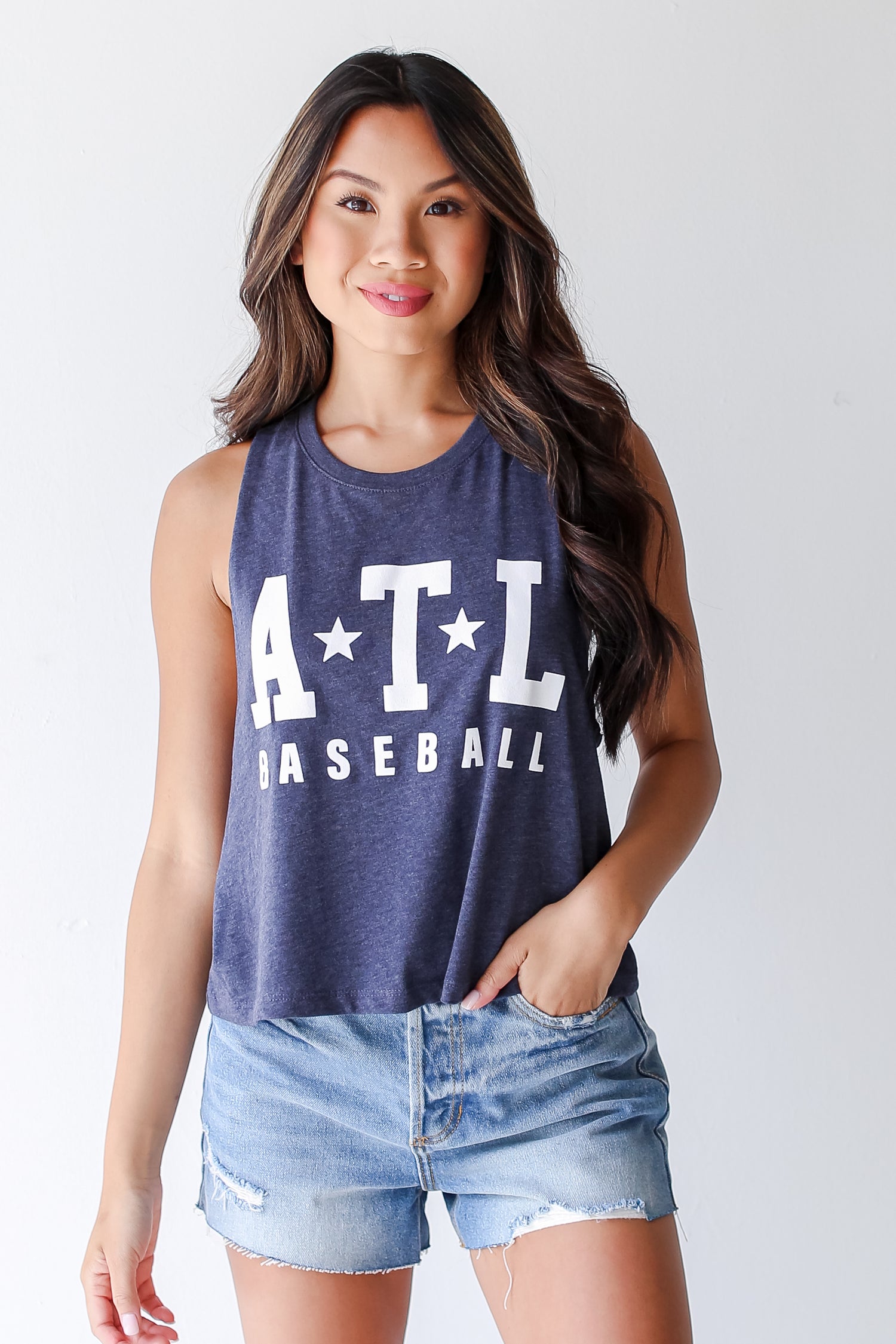 Navy ATL Baseball Star Muscle Tank on model