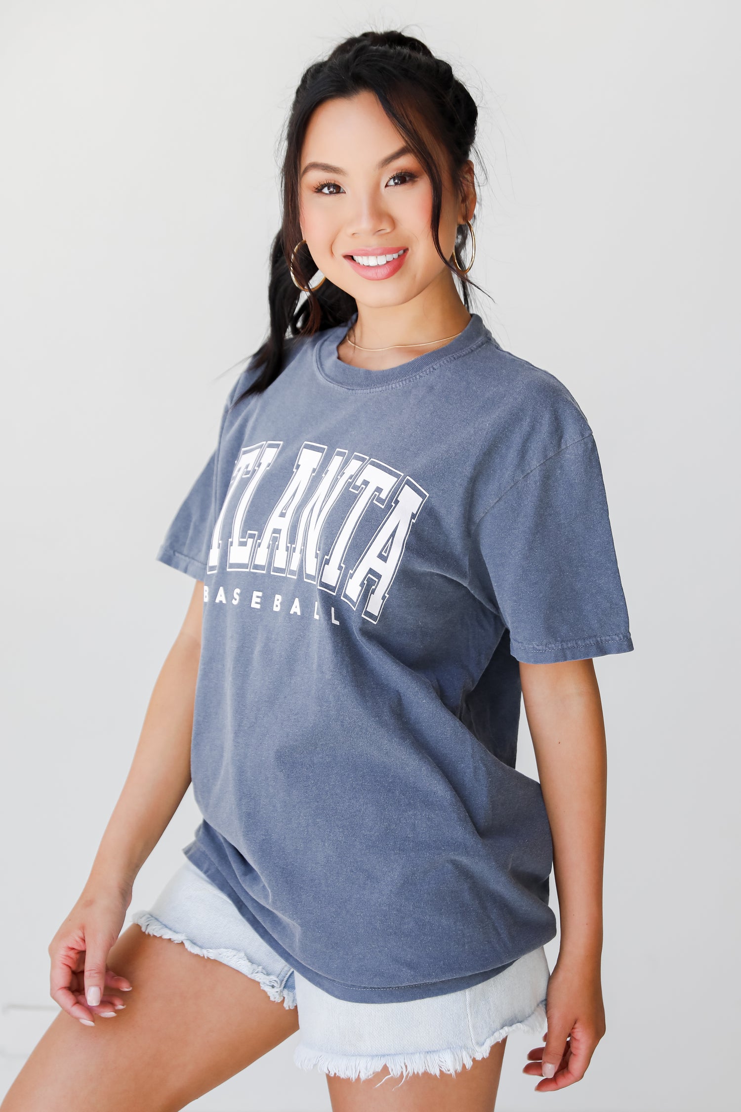 Denim Atlanta Baseball Block Letter Tee side view