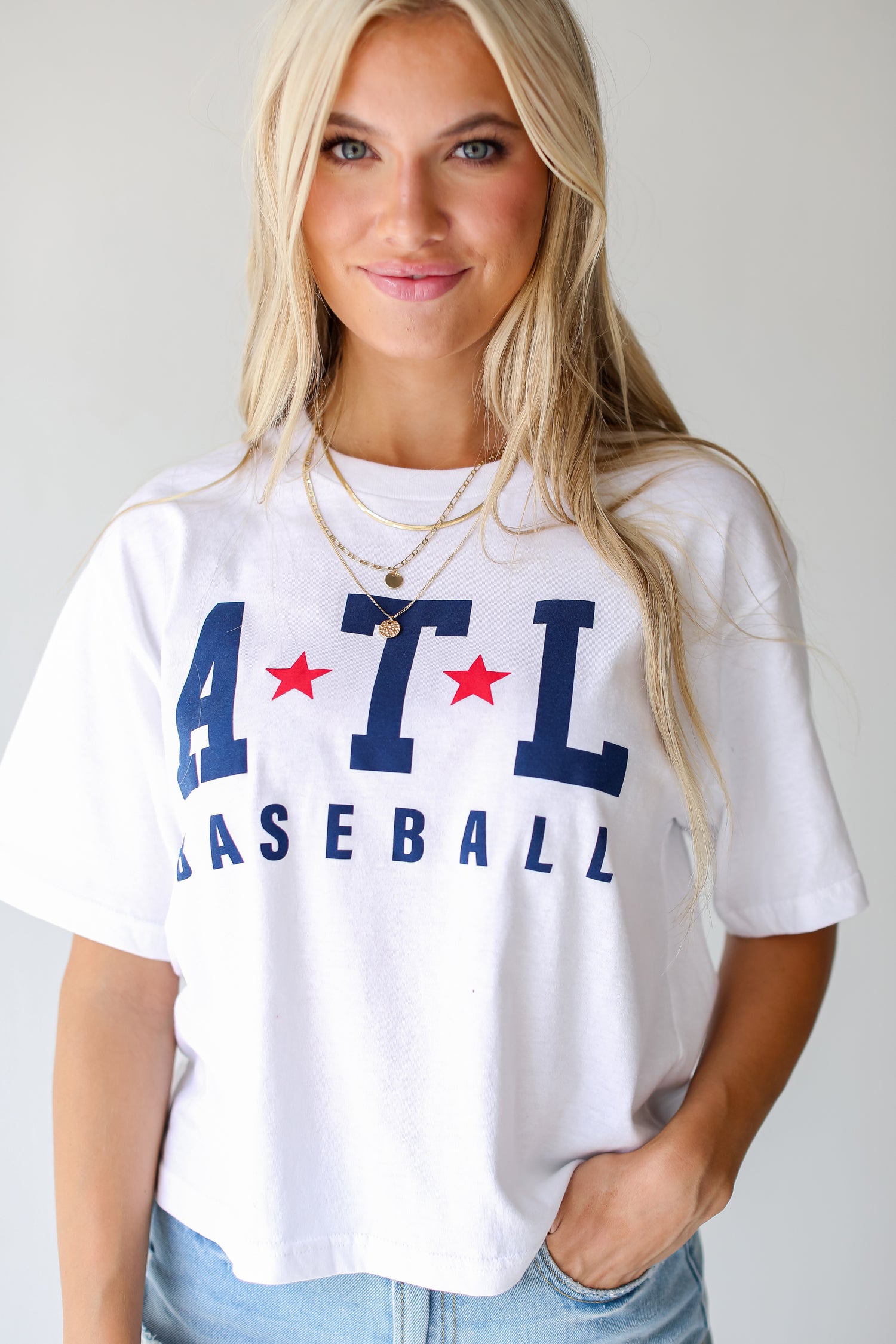 White ATL Star Baseball Cropped Tee close up