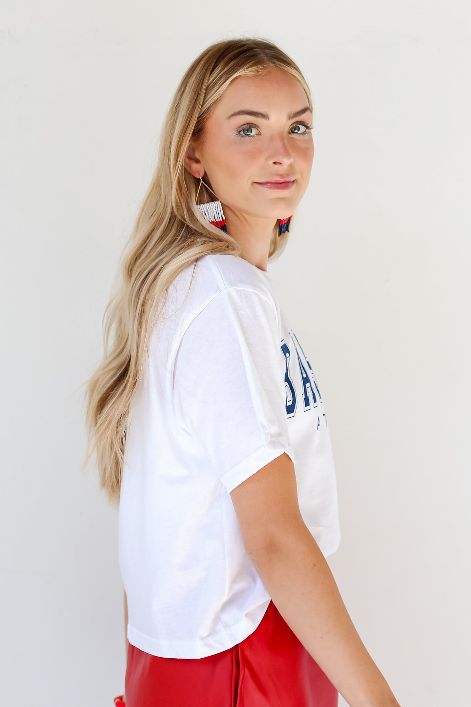 white Baseball Atlanta Cropped Tee side view