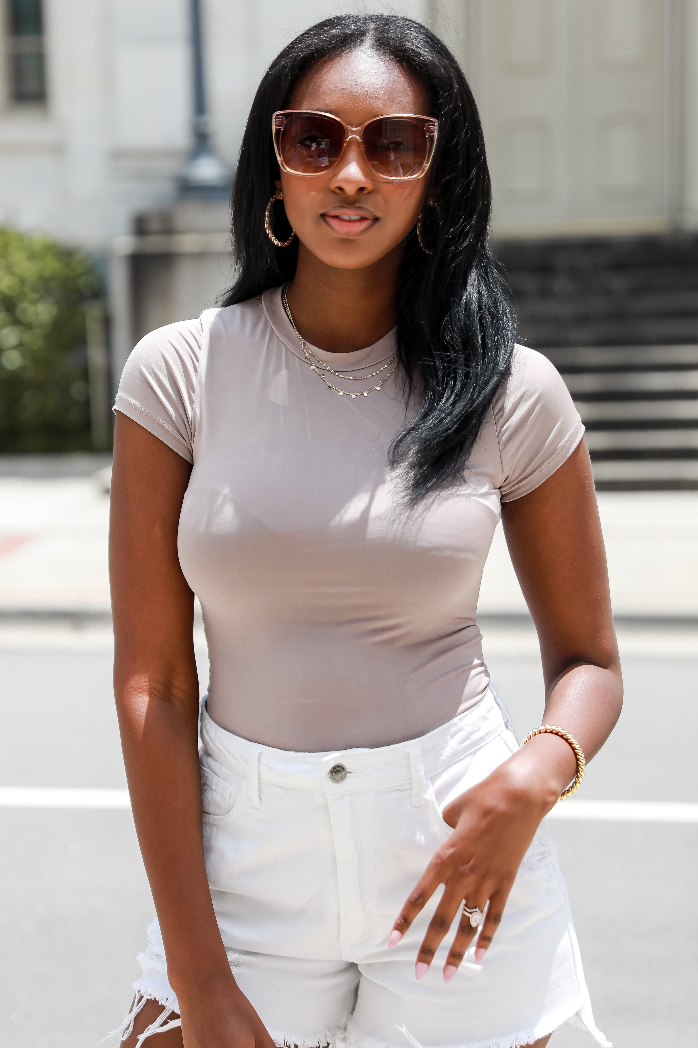 taupe basic Bodysuit on model