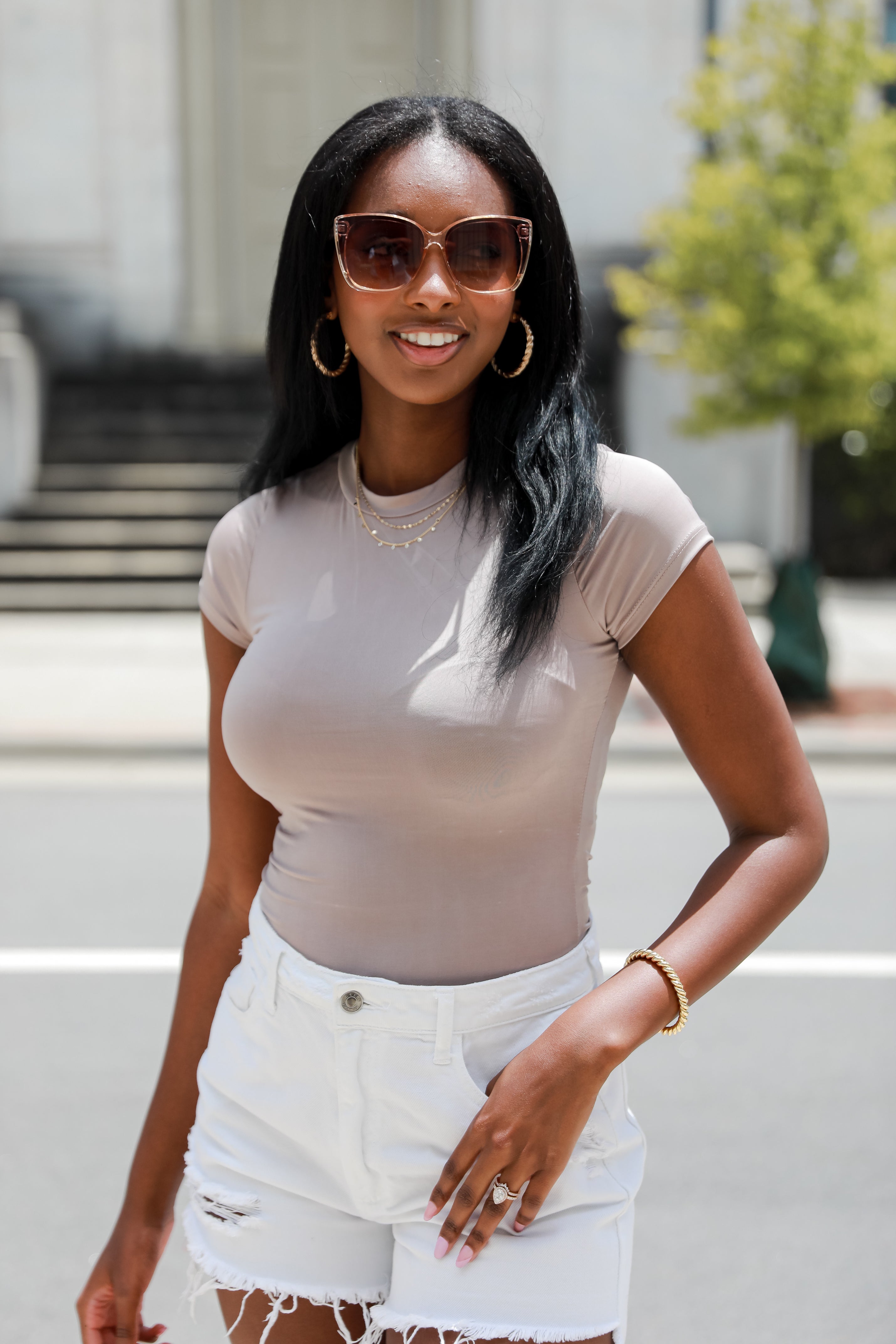 taupe basic Bodysuit close up