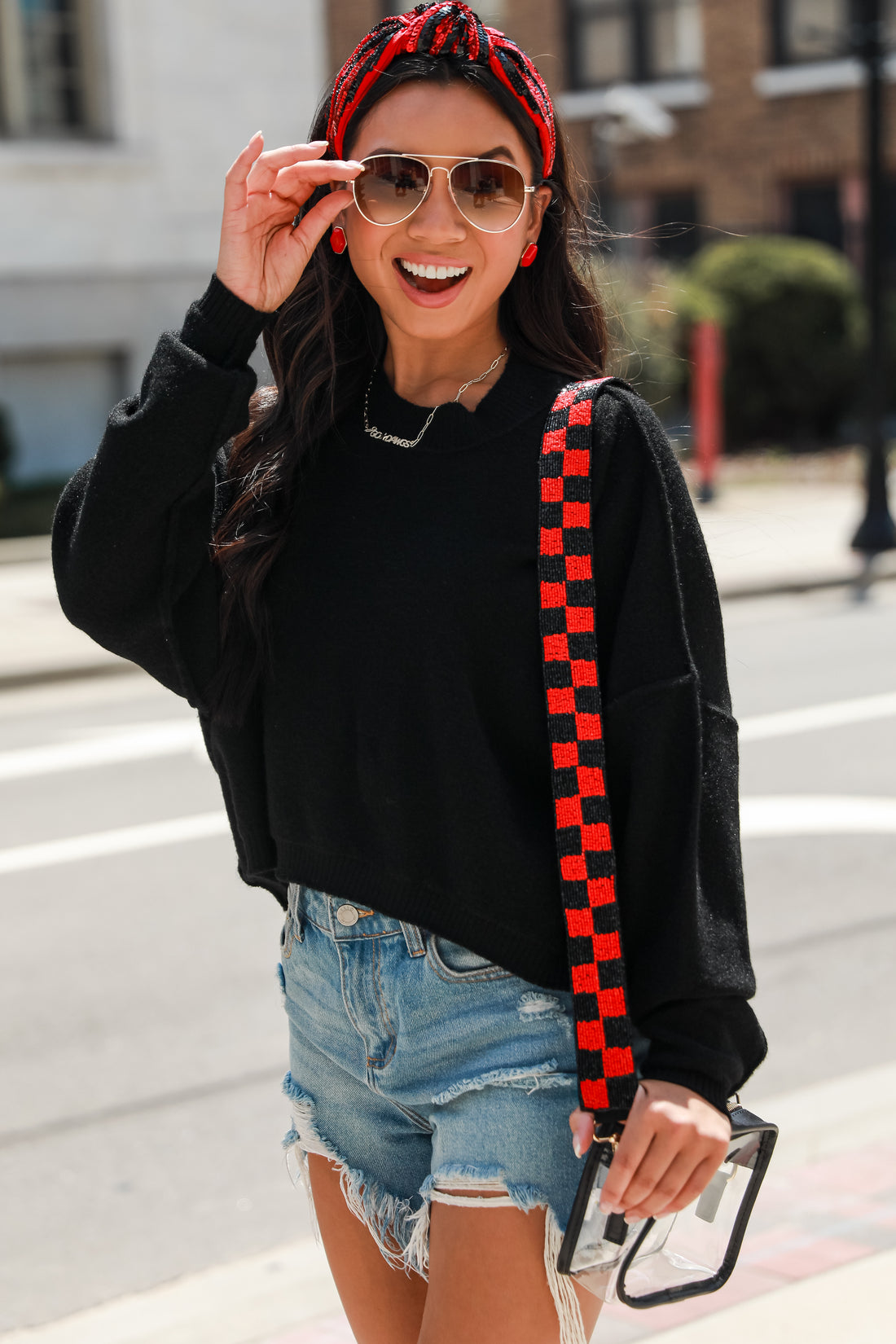 Red + Black Checkered Beaded Purse Strap on model