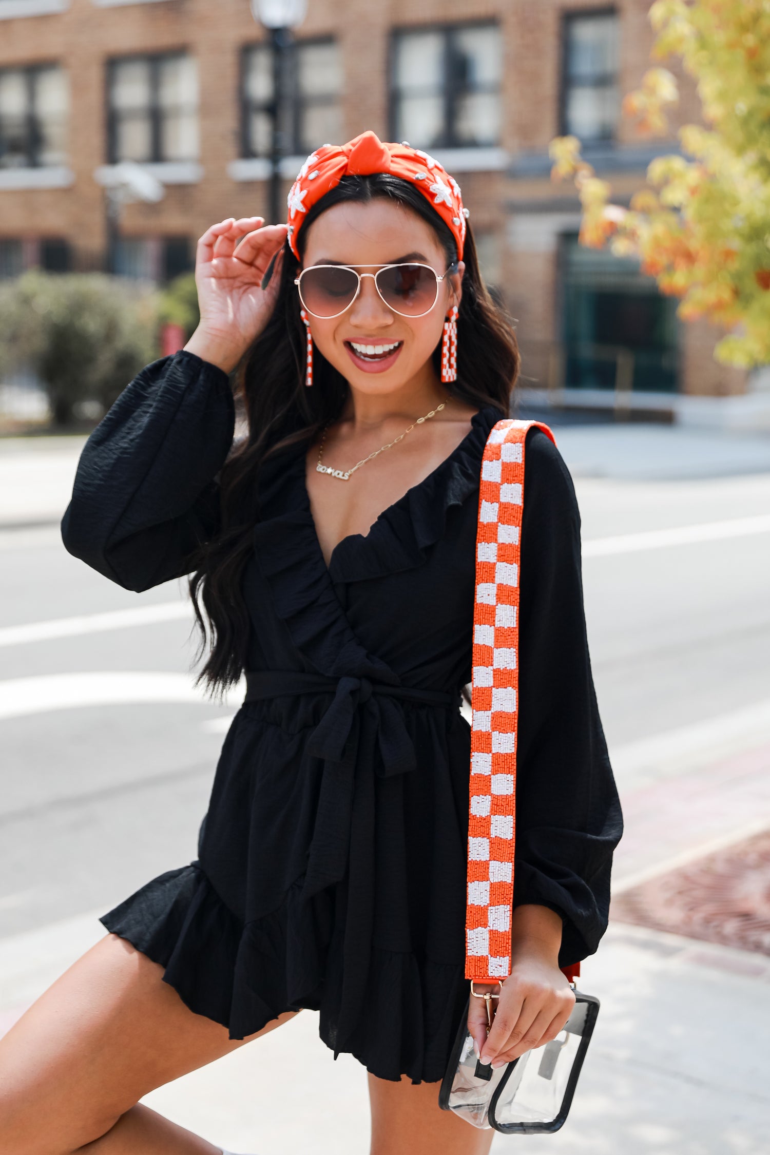 Orange + White Checkered Beaded Purse Strap