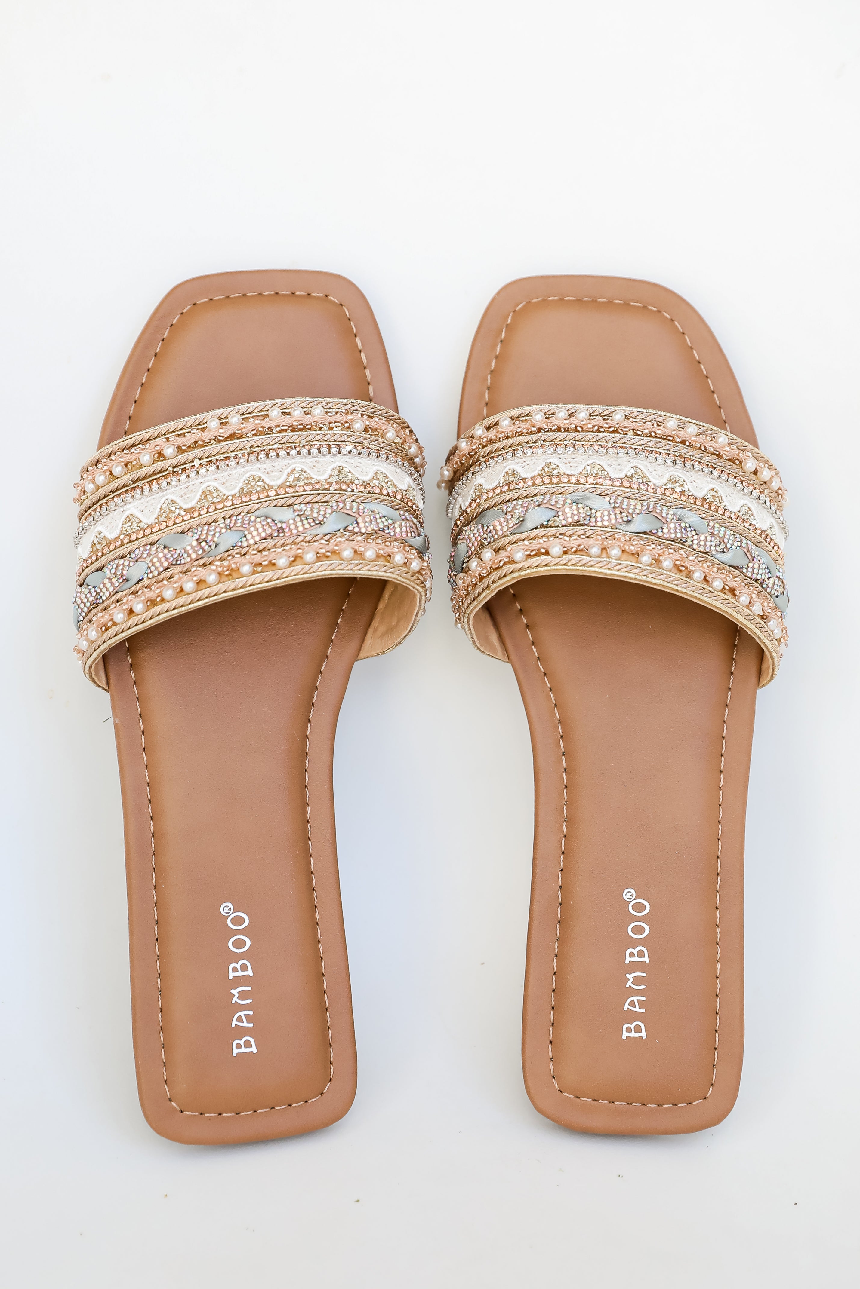 Better Together Gold Beaded Rhinestone Slide Sandals By Bamboo