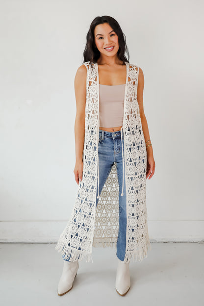 Beach You There Beige Crochet Longline Vest