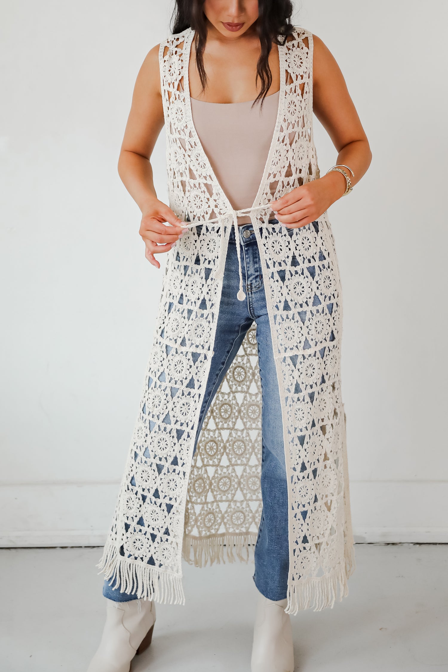 Beach You There Beige Crochet Longline Vest