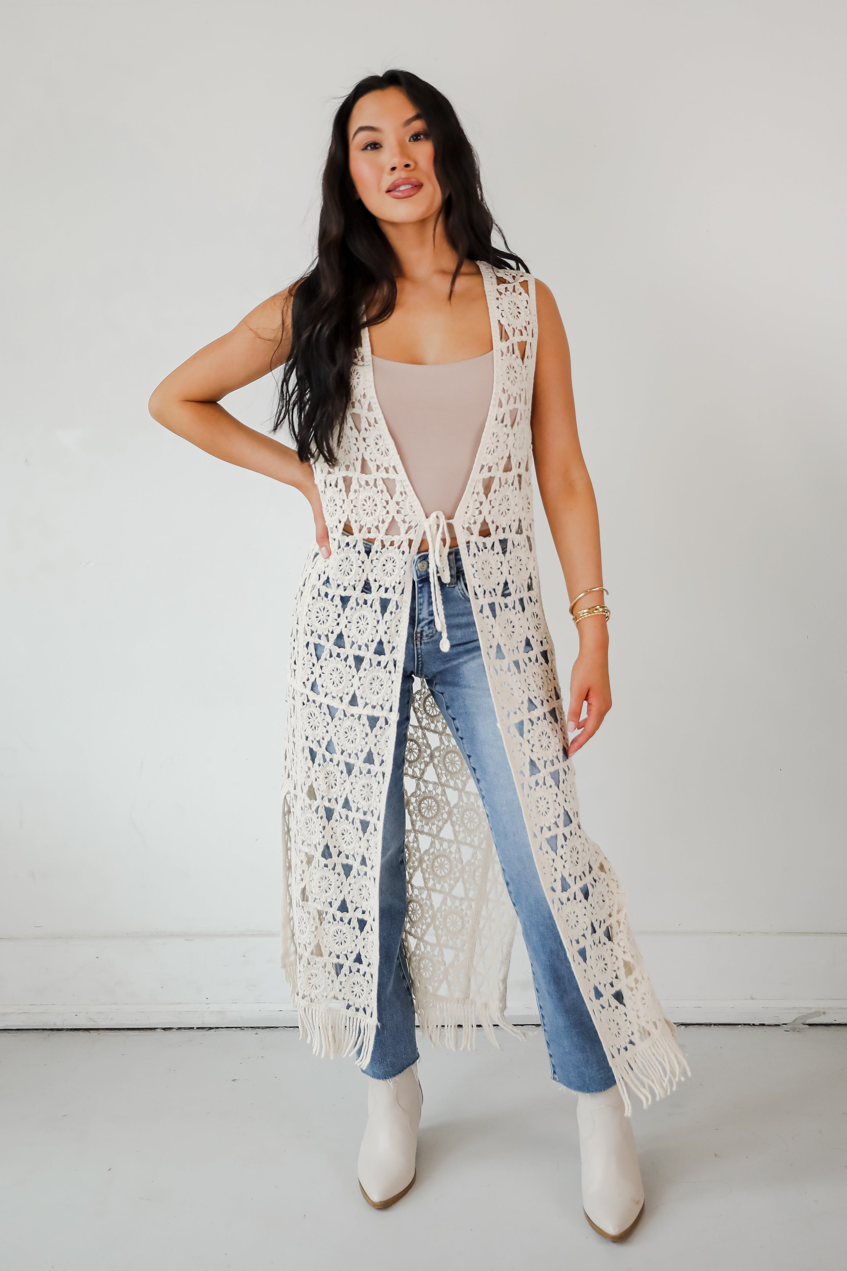 Beach You There Beige Crochet Longline Vest