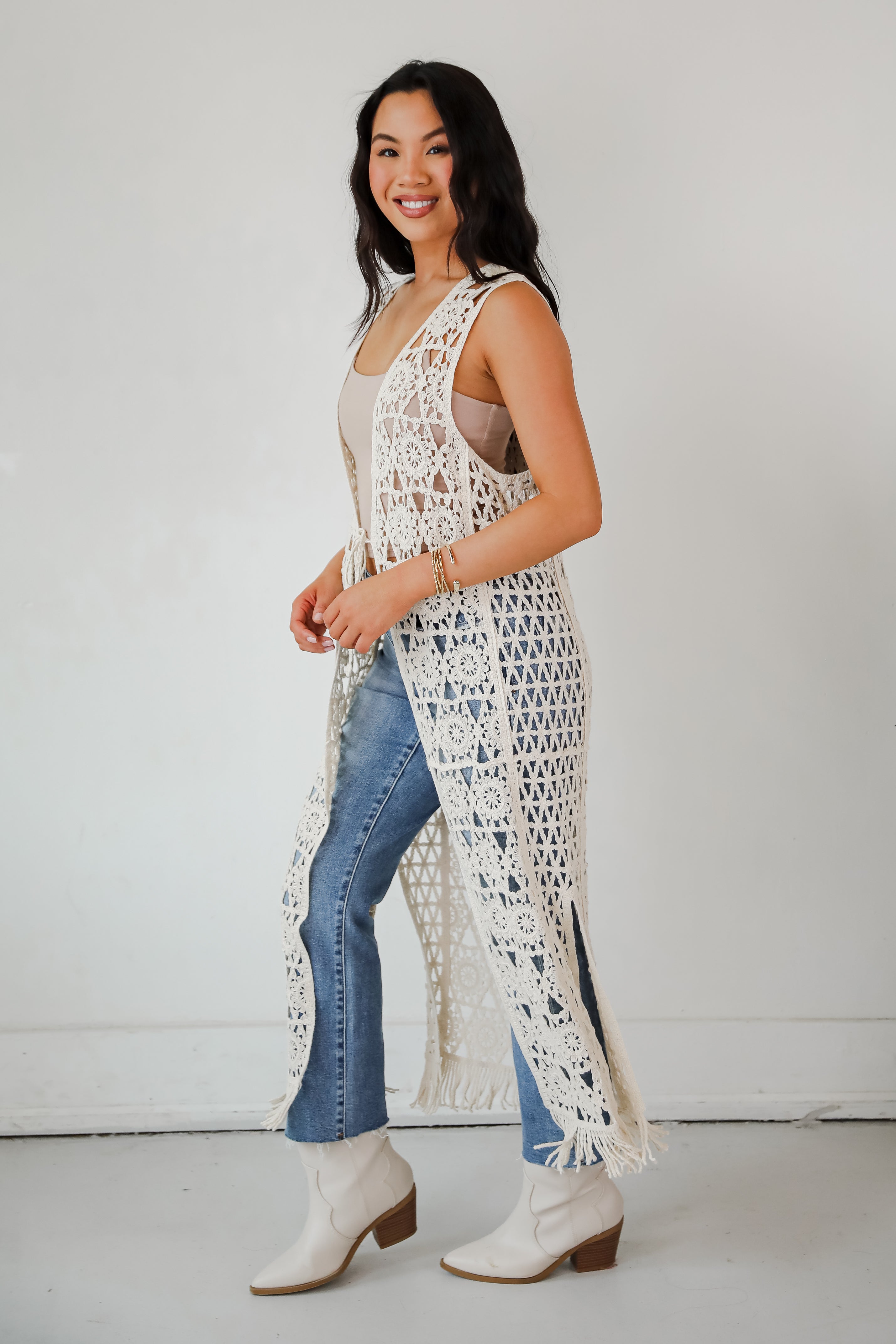 Beach You There Beige Crochet Longline Vest