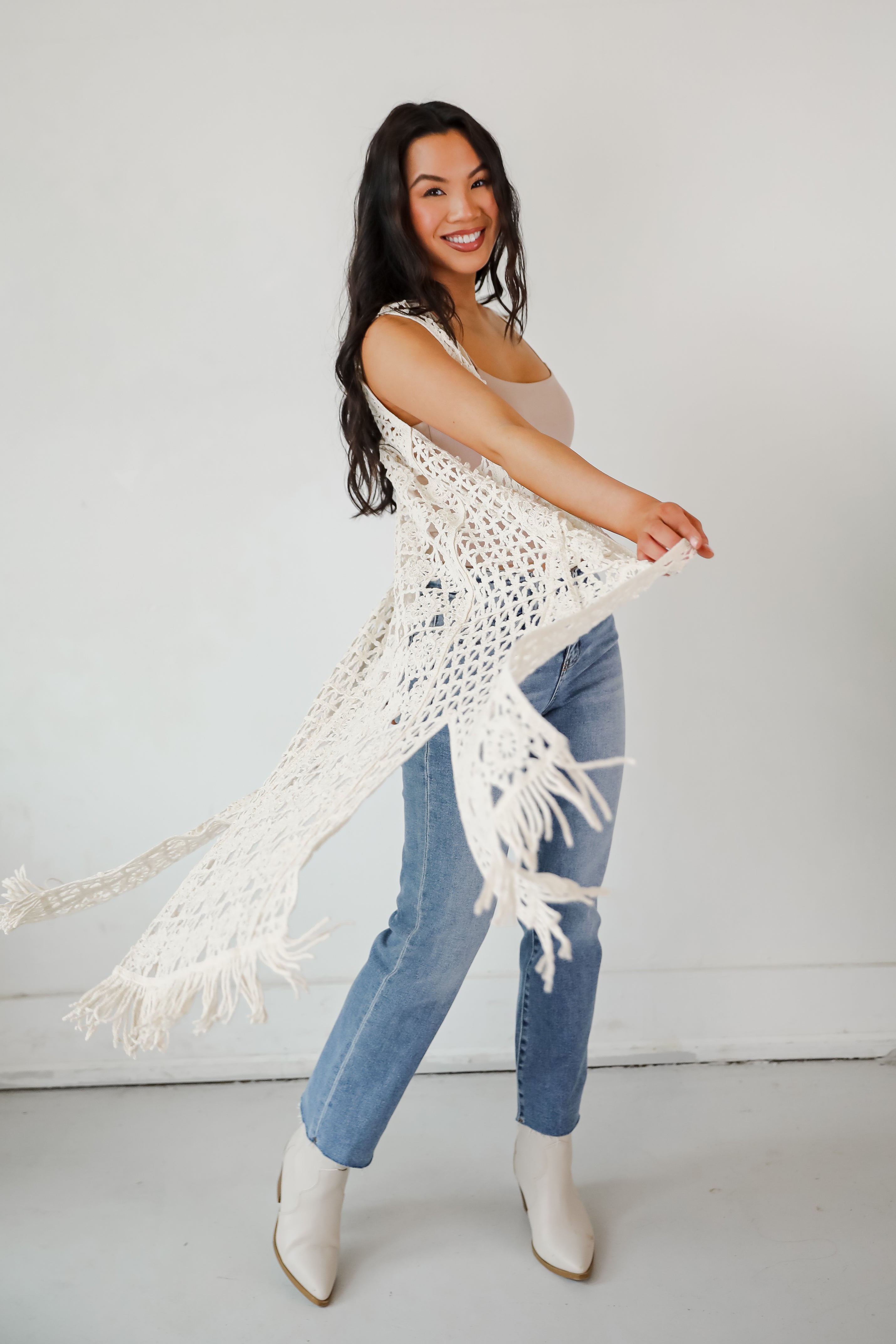 Beach You There Beige Crochet Longline Vest