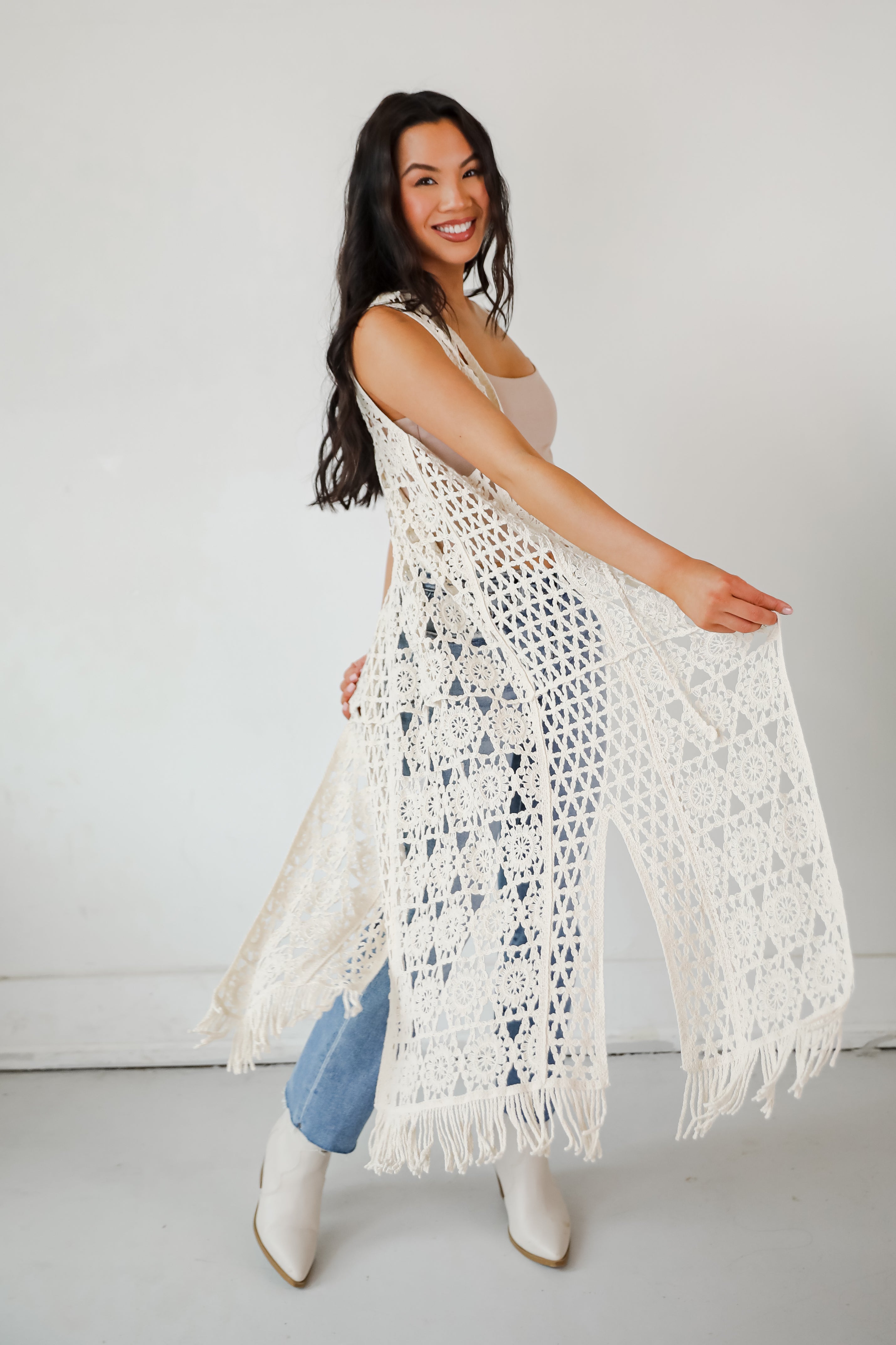 Beach You There Beige Crochet Longline Vest