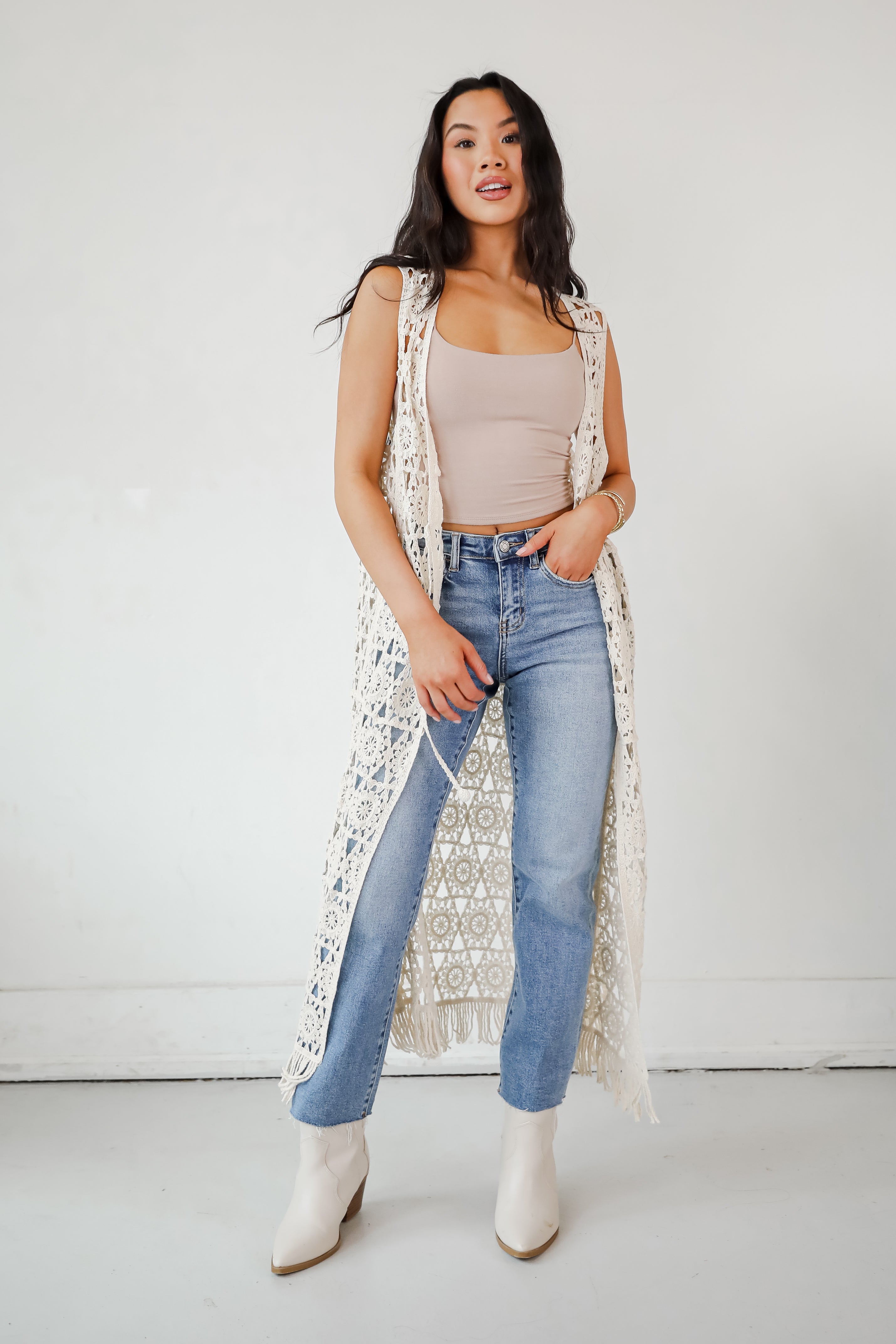 Beach You There Beige Crochet Longline Vest