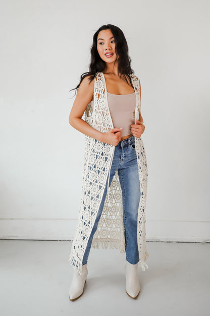 Beach You There Beige Crochet Longline Vest