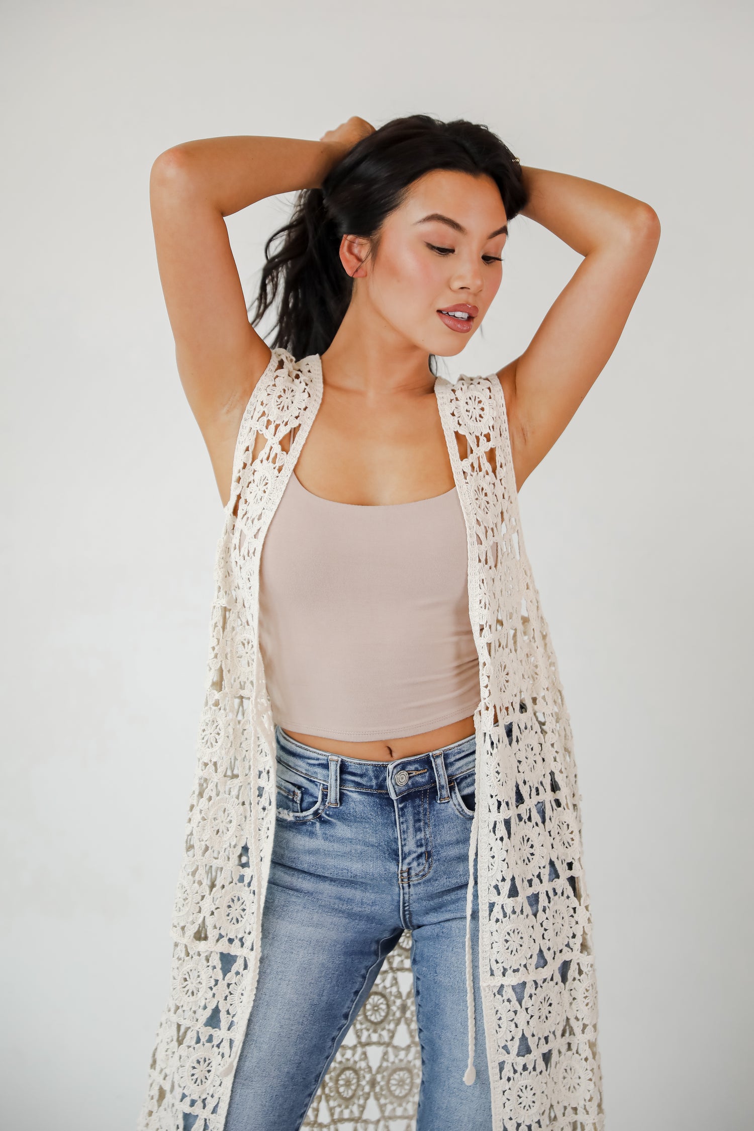 Beach You There Beige Crochet Longline Vest