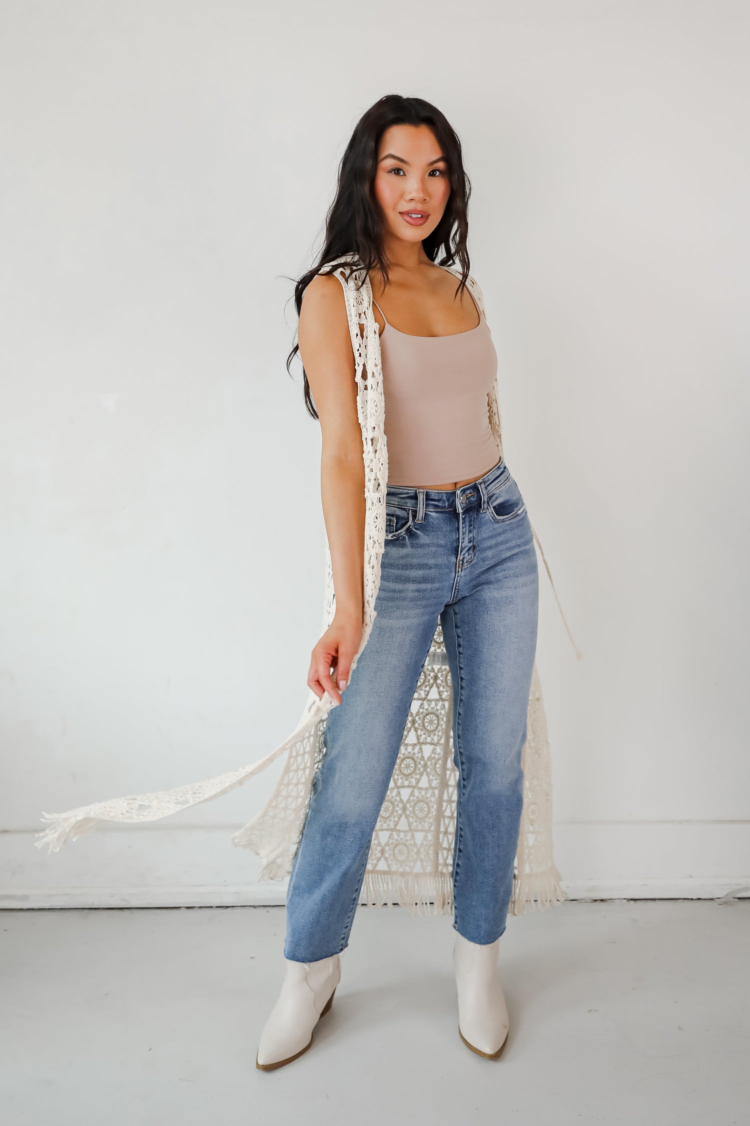 Beach You There Beige Crochet Longline Vest