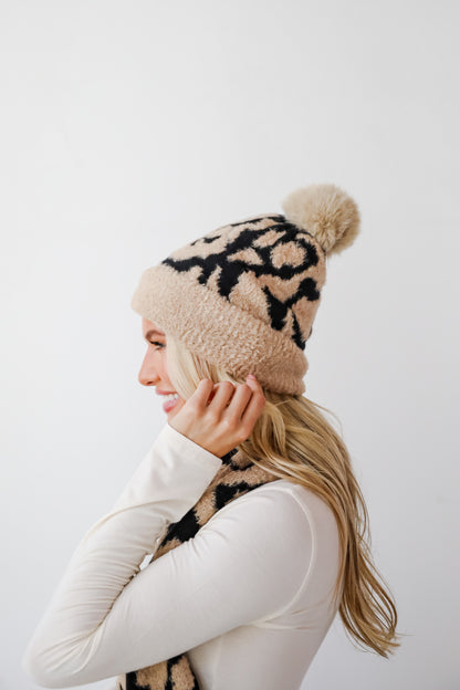 Fierce And Cozy Beige Leopard Pom Pom Beanie