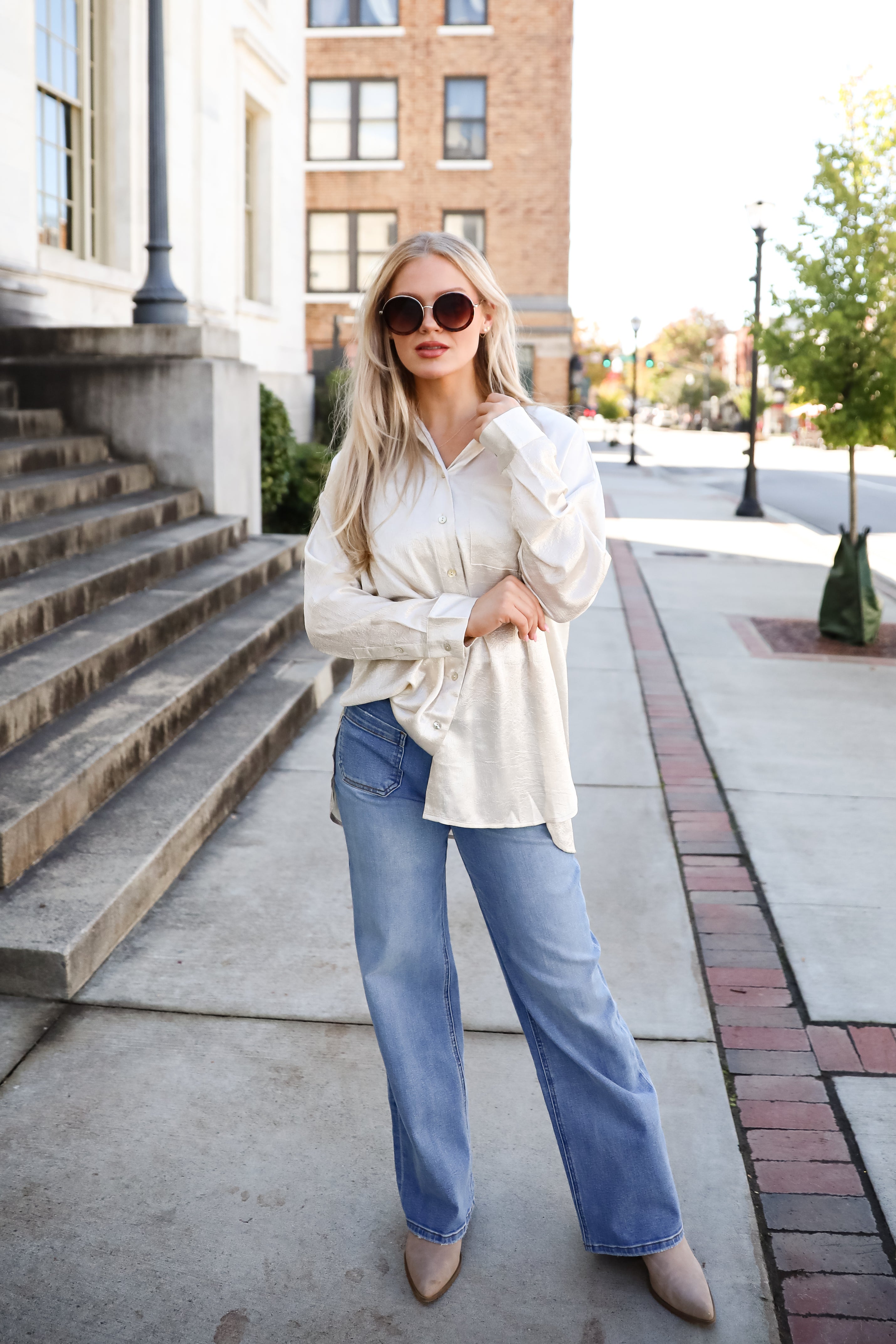 Radiant Mood Beige Metallic Button-Up Blouse