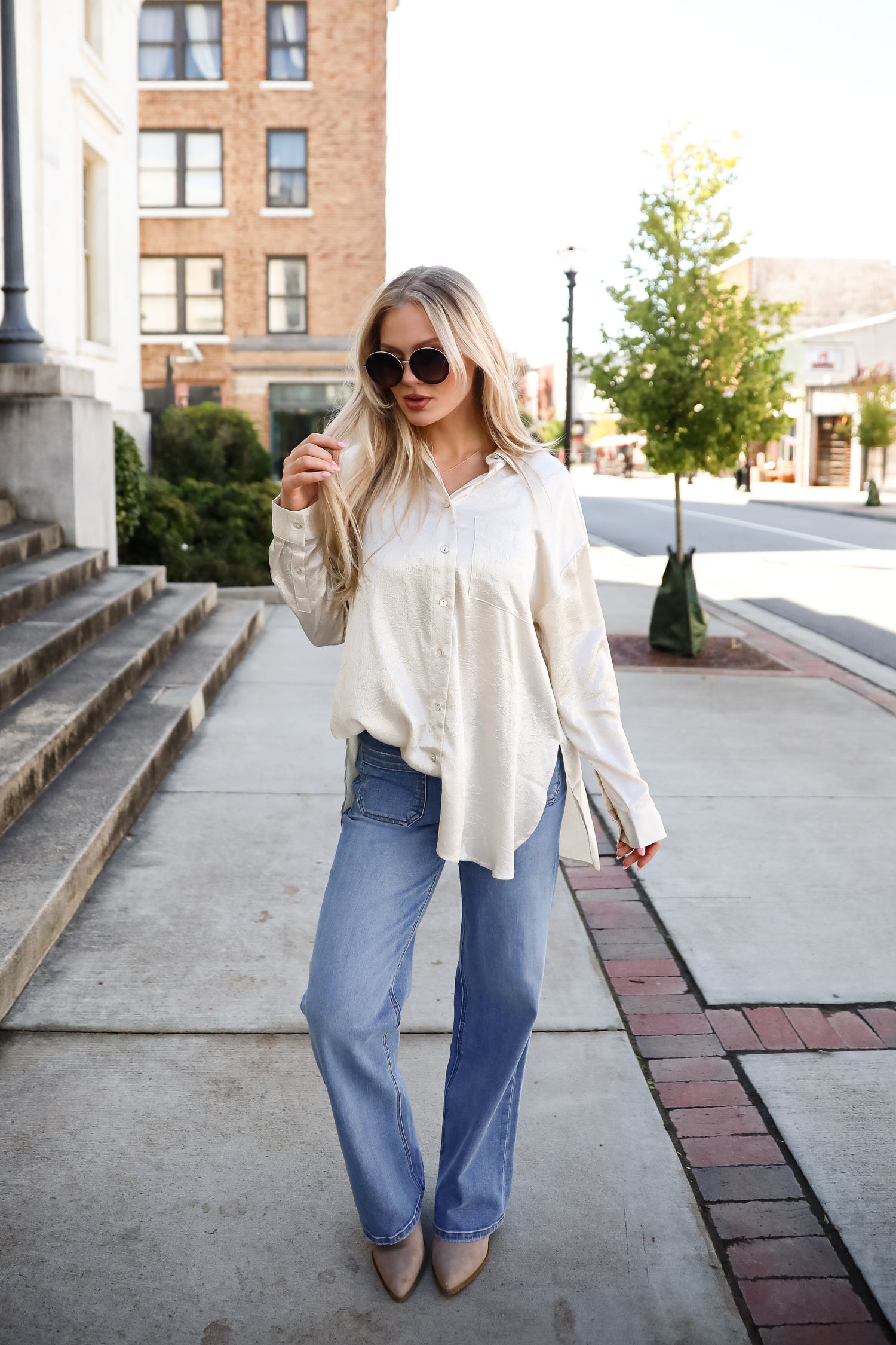 Radiant Mood Beige Metallic Button-Up Blouse