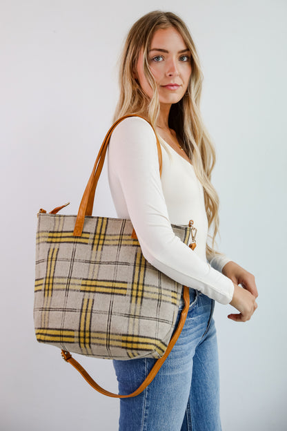 Tasteful Aesthetic Beige Plaid Tote Bag